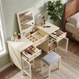 Loheer - Makeup Vanity Desk with Stool, Flip Top Mirror - White Oak