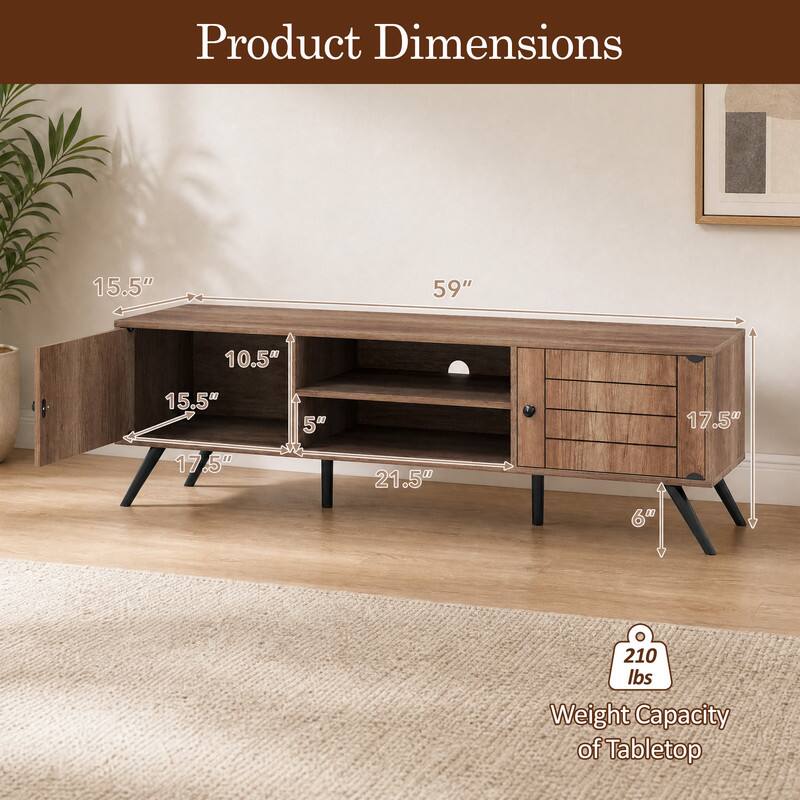 Product Dimensions
- 59"
- 15.5"
- 10.5"
- 15.5"
- 5"
- 17.5"
- 17.5"
- 21.5"
- 6"

Weight Capacity of Tabletop: 210 lbs
