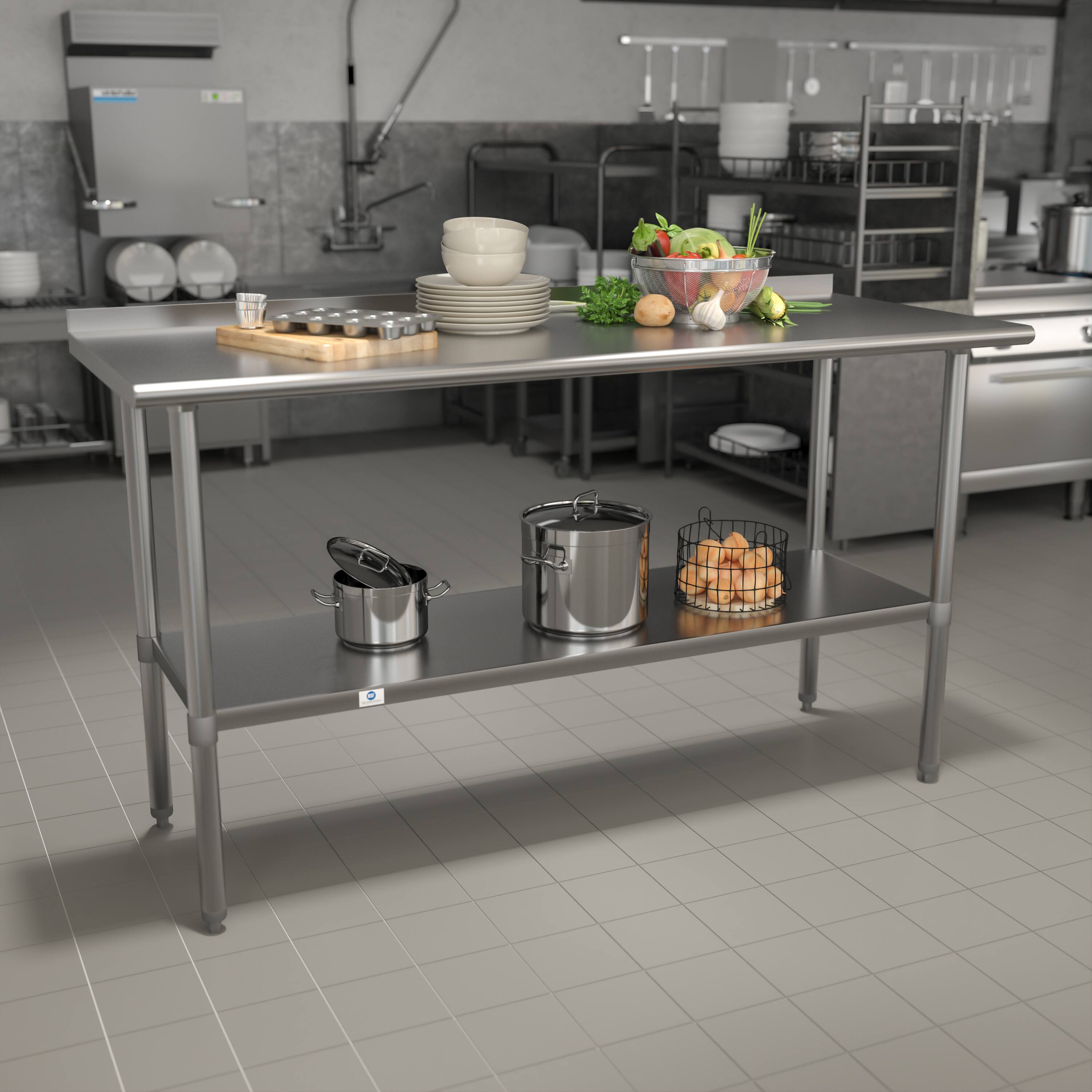 Alt View 1. Emma + Oliver - Stainless Steel 18 Gauge Prep and Work Table with Backsplash and Shelf, NSF - Stainless Steel.