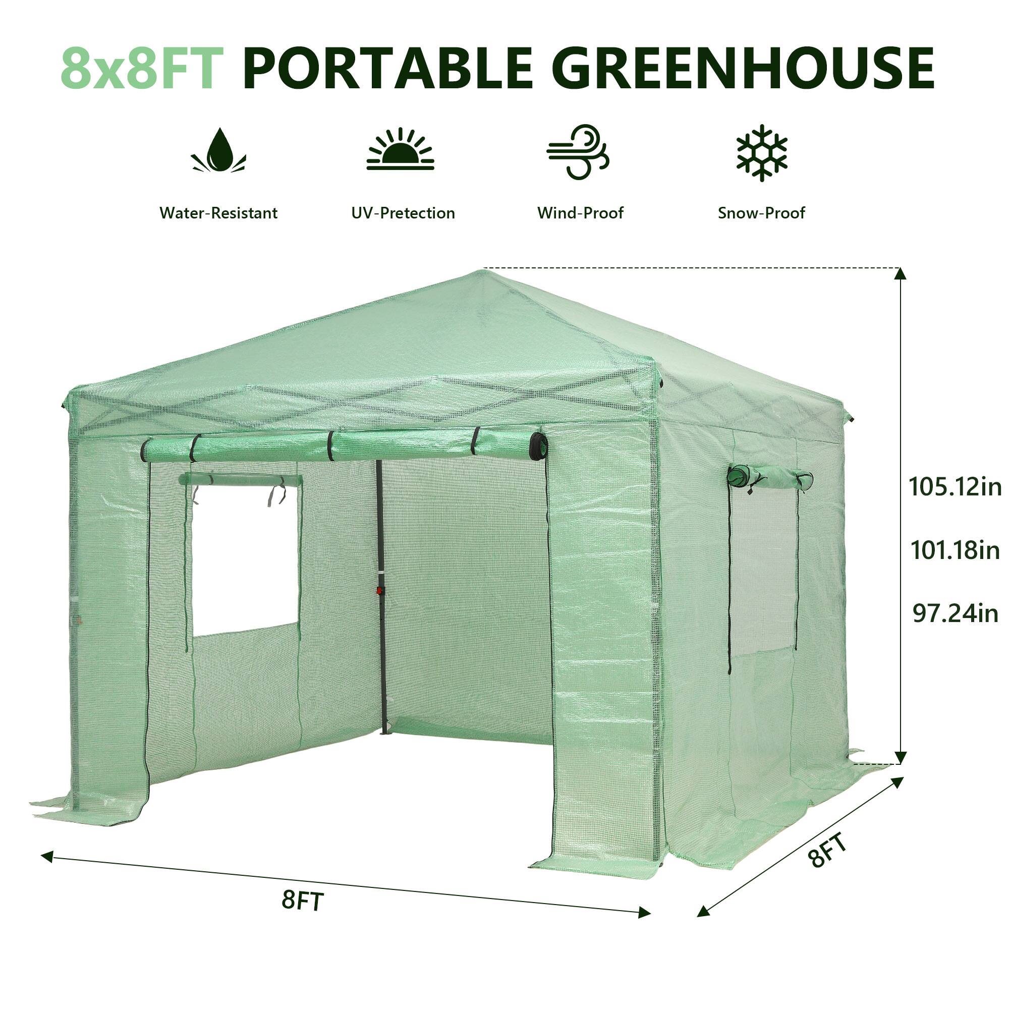 8x8FT PORTABLE GREENHOUSE  
Water-Resistant  
UV-Protection  
Wind-Proof  
Snow-Proof  

105.12in  
101.18in  
97.24in  
8FT  
8FT