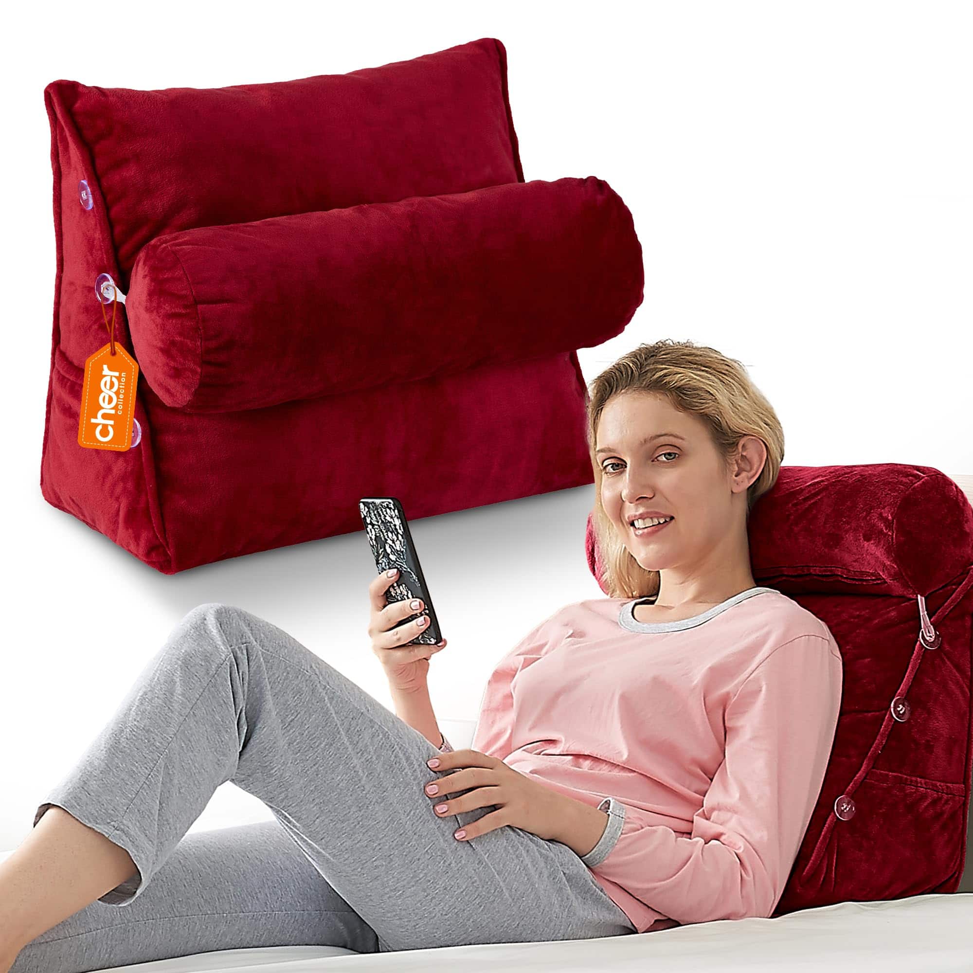 Cheer Collection - Tv Reading and Wedge Pillow with Detachable Bolster - Maroon
