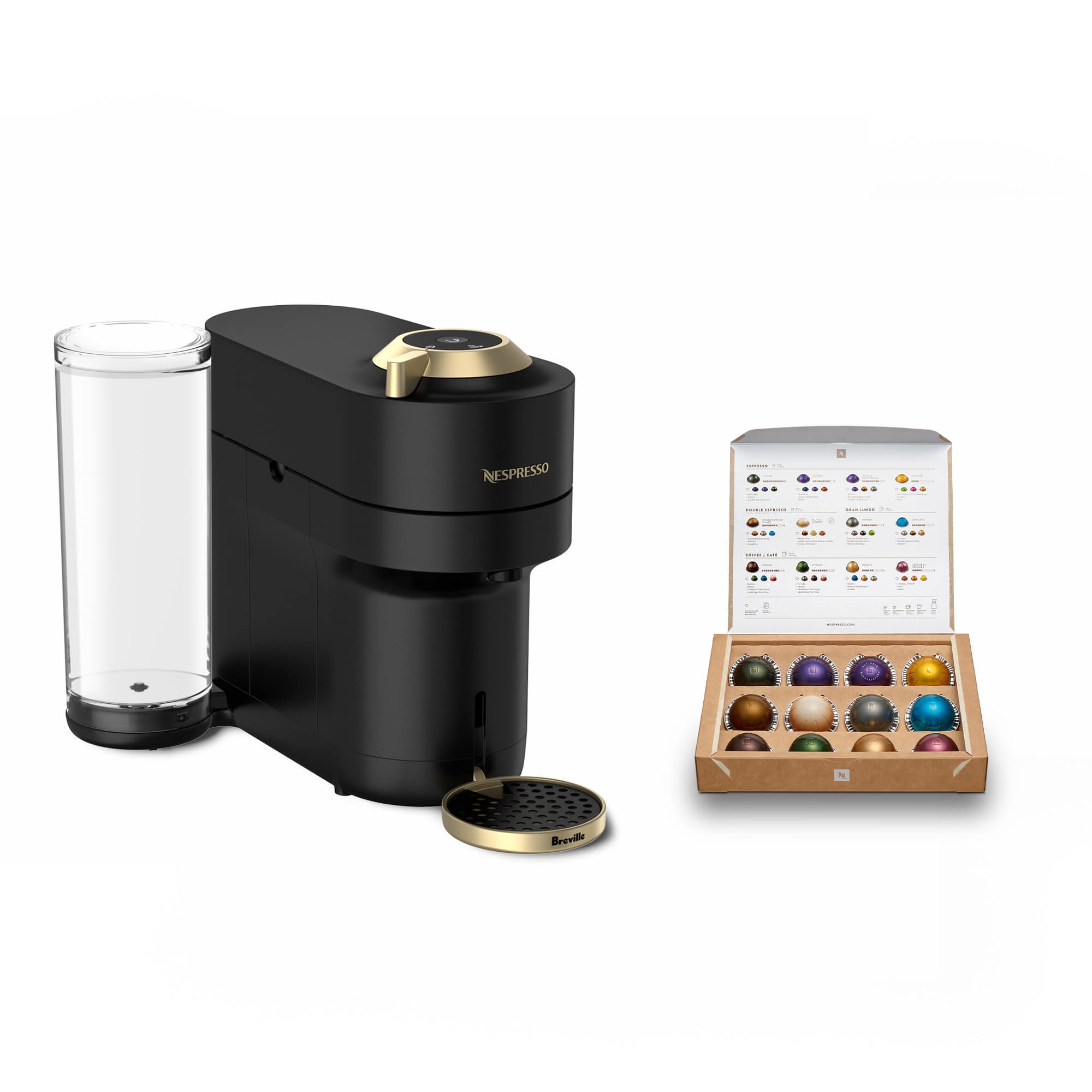 Nespresso is a brand of coffee and espresso machines, while Breville is a brand of kitchen appliances. The image features a Nespresso coffee maker and a Breville coffee grinder, both placed on a white background.