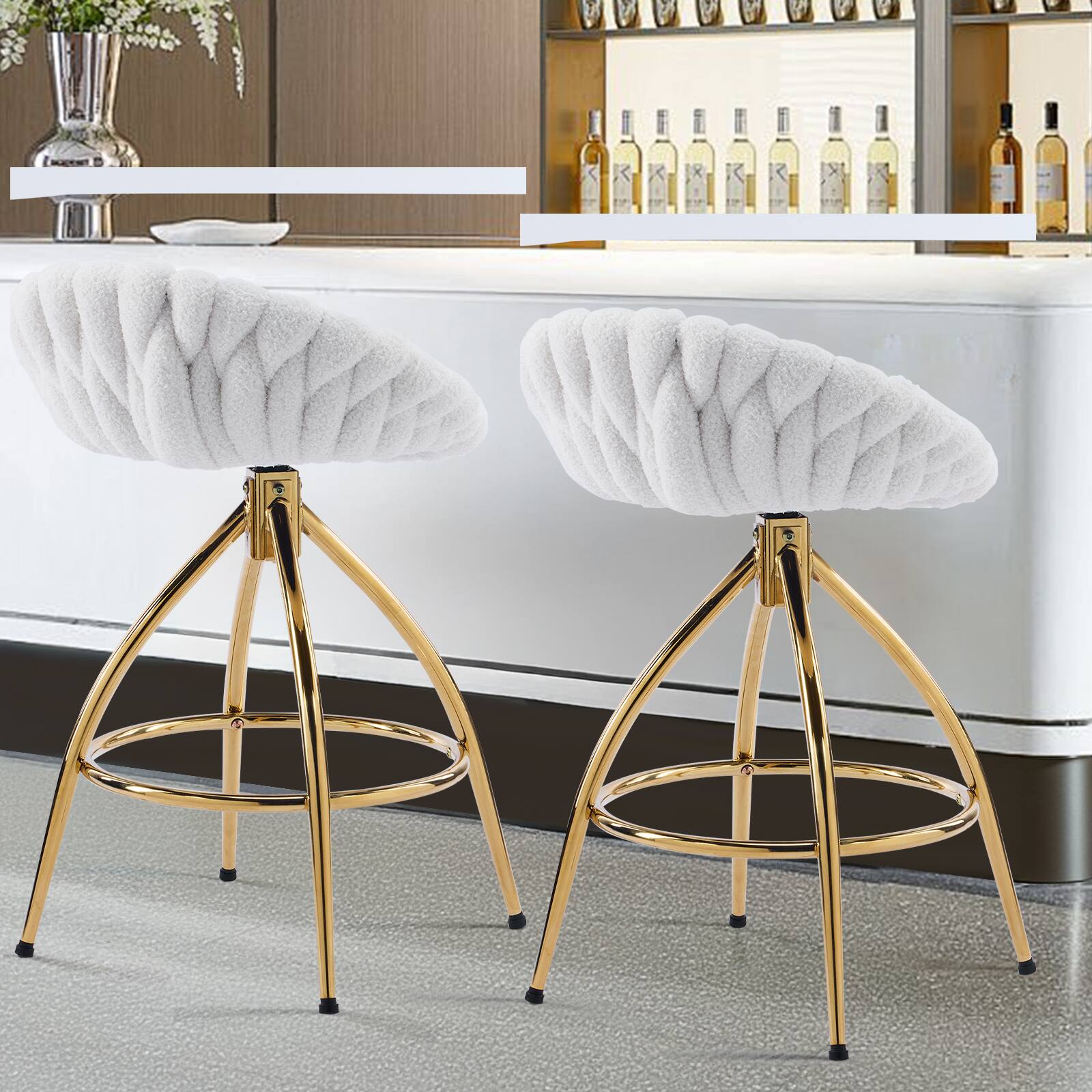 Back. SlickBlue - 2pcs Teddy Velvet Swivel Bar Stools – Woven Style with Gold-Plated Iron Legs - White.