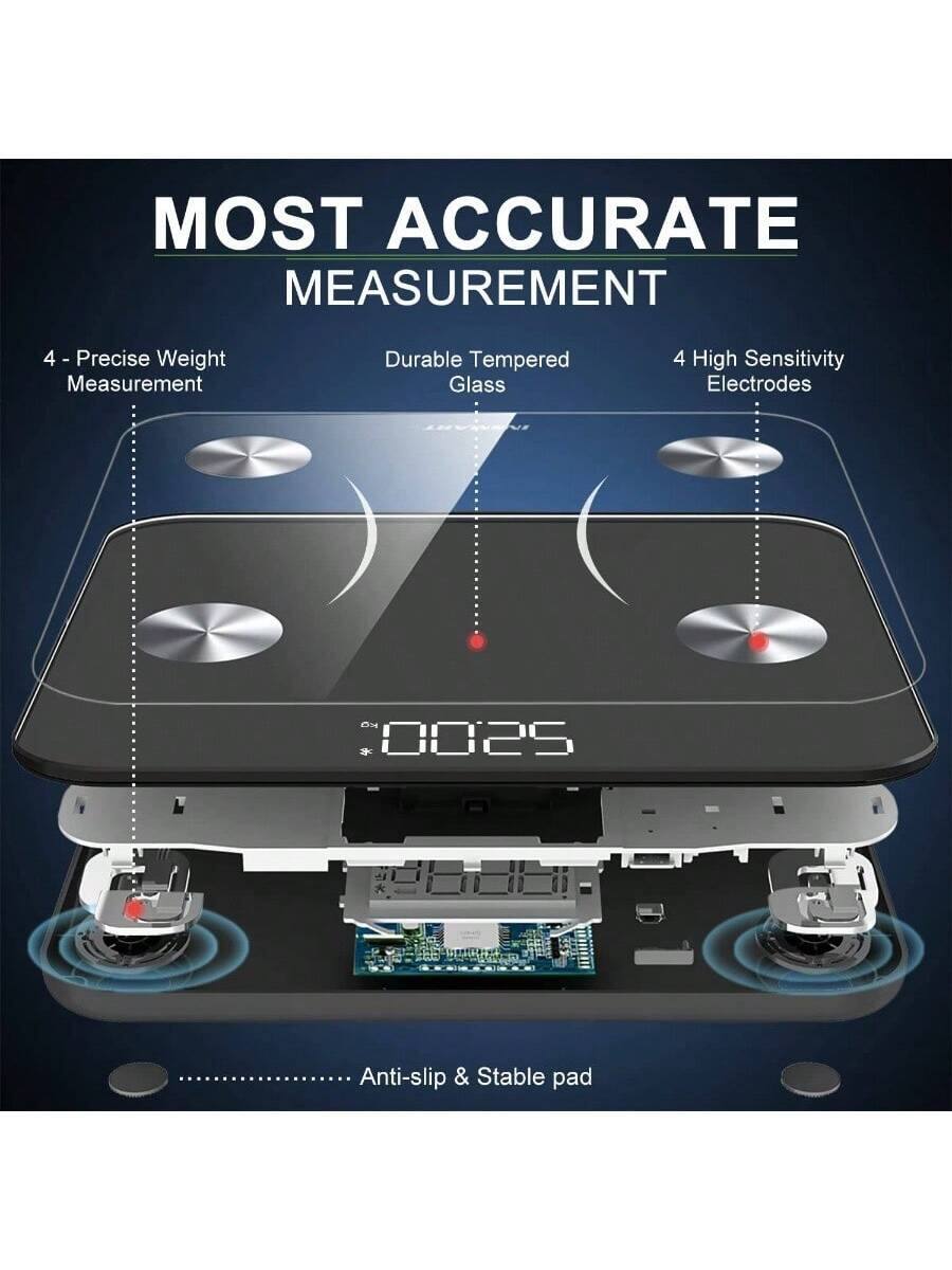 MOST ACCURATE MEASUREMENT

4 - Precise Weight Measurement  
Durable Tempered Glass  
4 High Sensitivity Electrodes  
Anti-slip & Stable pad