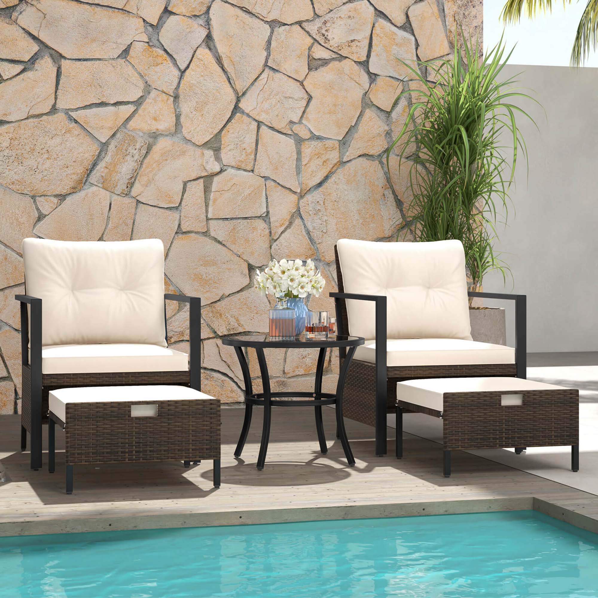 Alt View 1. Costway - Costway 5 PCS Outdoor Furniture Set Rattan Chairs & Ottomans with Glass Topped Coffee Table - White.