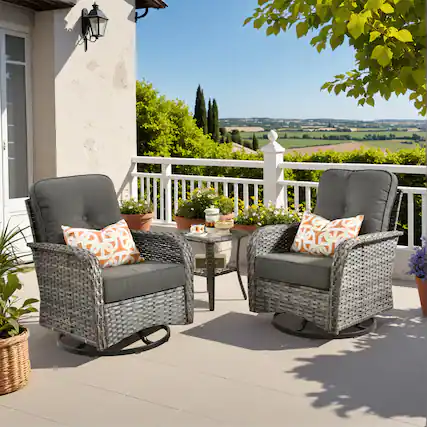 Front. Ovios - 3 PCS Outdoor Patio Furniture Set Swivel Rocking Chairs Wicker Glider Chairs with Side Table - Black.