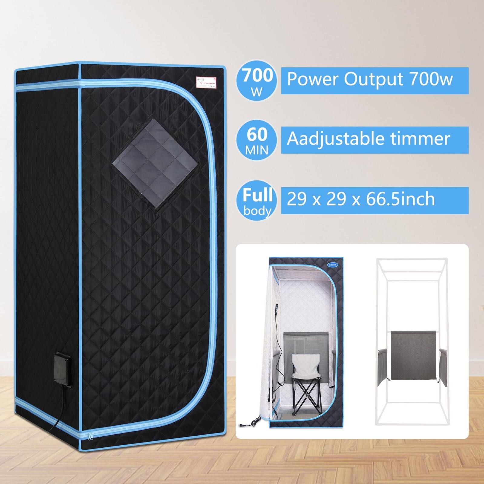 700 W  
60 MIN  
Full body  

Power Output 700w  
Aadjustable timmer  
29 x 29 x 66.5inch