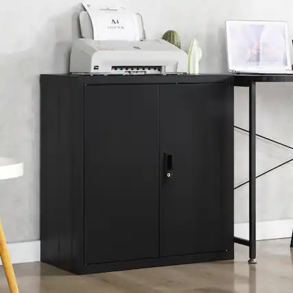 Front. ALEXOUN - Storage Cabinet with Door Locks, 2 Adjustable Shelves, Simple & Easy to Use, Suitable for Home, Office, Garage - Black.