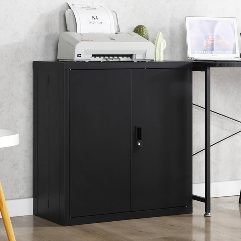 Front. ALEXOUN - Storage Cabinet with Door Locks, 2 Adjustable Shelves, Simple & Easy to Use, Suitable for Home, Office, Garage - Black.
