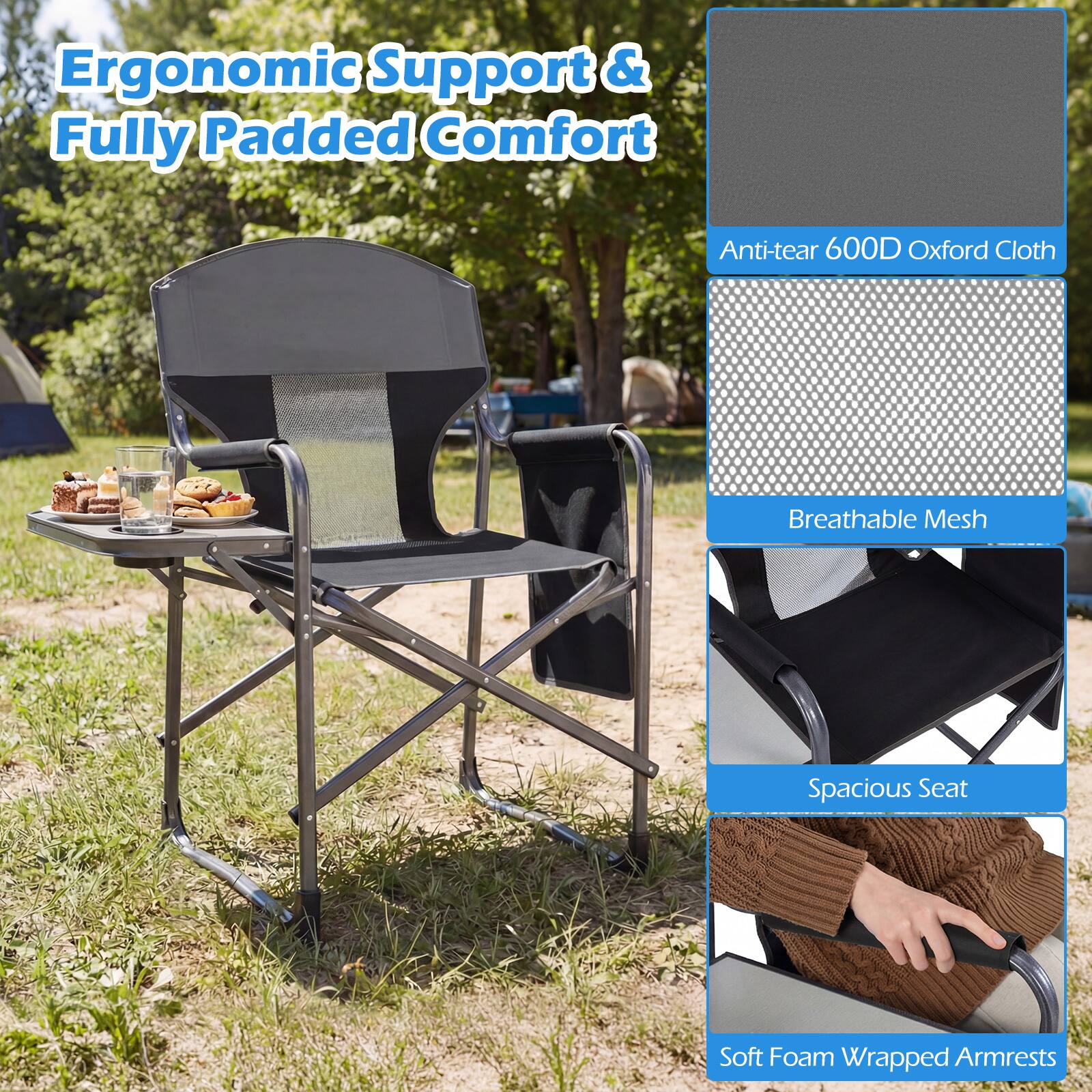 Ergonomic Support & Fully Padded Comfort

- Anti-tear 600D Oxford Cloth
- Breathable Mesh
- Spacious Seat
- Soft Foam Wrapped Armrests