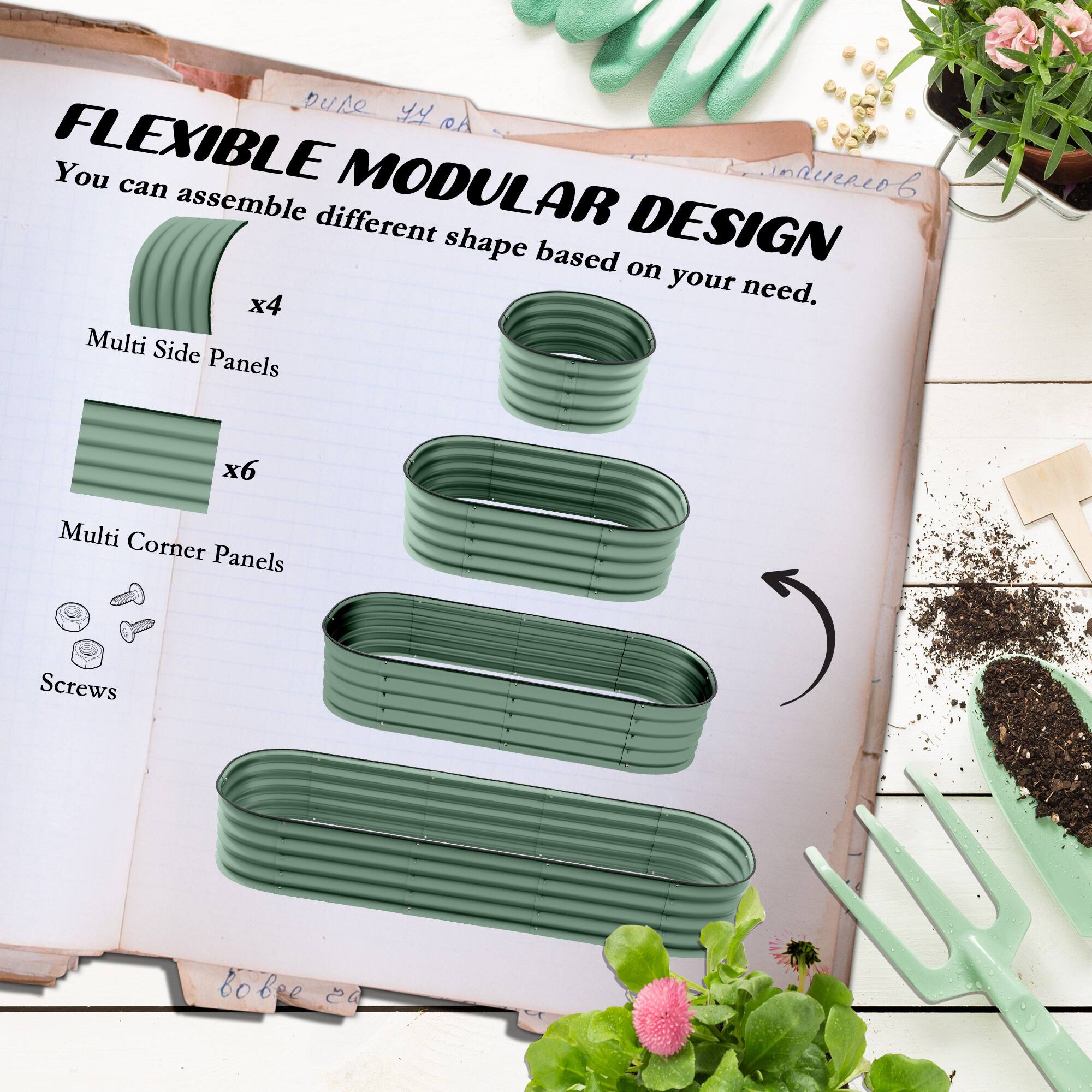 Dure Y RA FLEXIBLE DESIGN
You can assemble different shape based on your need.
x4 Multi Side Panels
x6 Multi Corner Panels
Screws