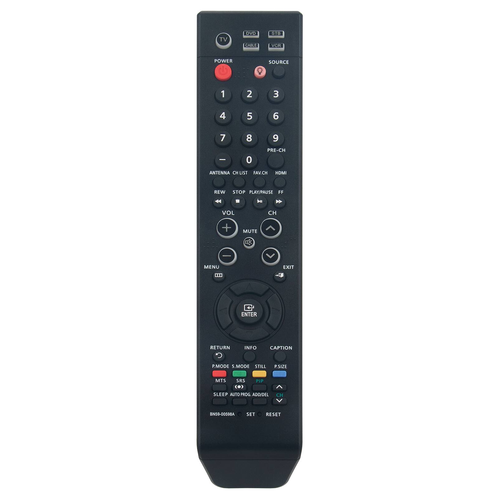 TV OVD CABLE 918 VCR POWER SOURCE 1 2 3 4 5 6 7 8 9 0 PRE-CH ANTENNA CM UNT FAVCH HDMI REW STOP PLAY/PAUSE FF VOL CH + MUTE K - MENU EXIT ... ENTER RETURN INFO CAPTION R.MODE S.MODE STILL P.SIZE MTS SRS PIP () SLEEP AUTO PROG ADD/DI CH BN9-0058A SET KESET