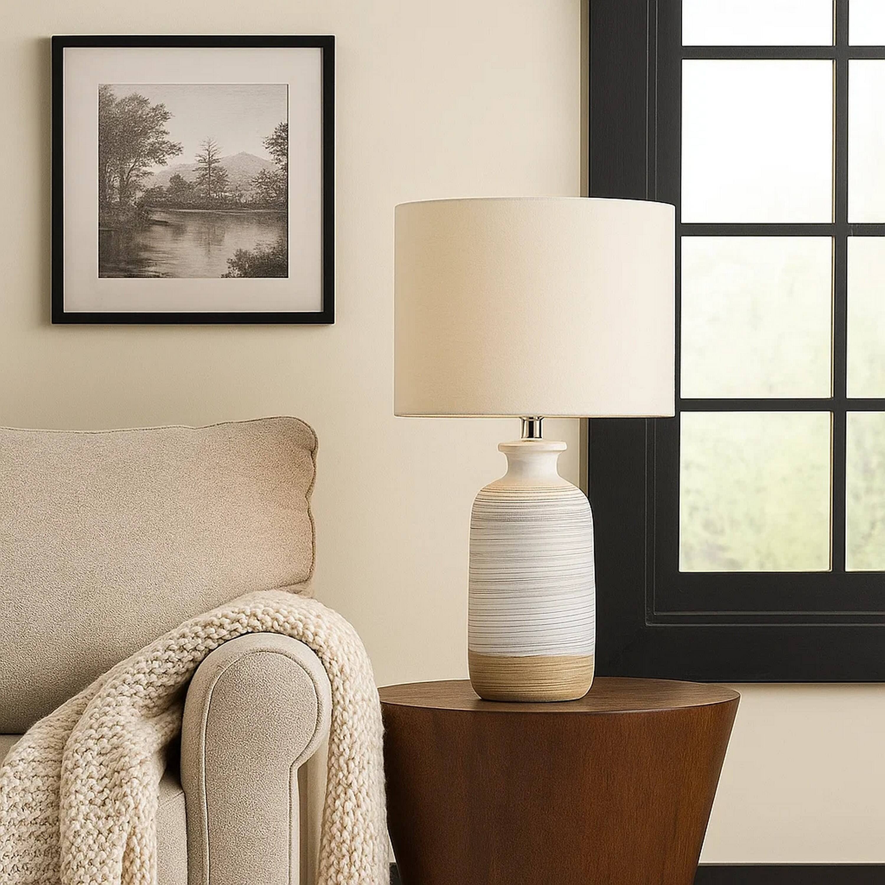 Alt View 2. Manhattan Lane - Table Lamp with Brushed Ceramic Body and Fabric Shade - Cream.