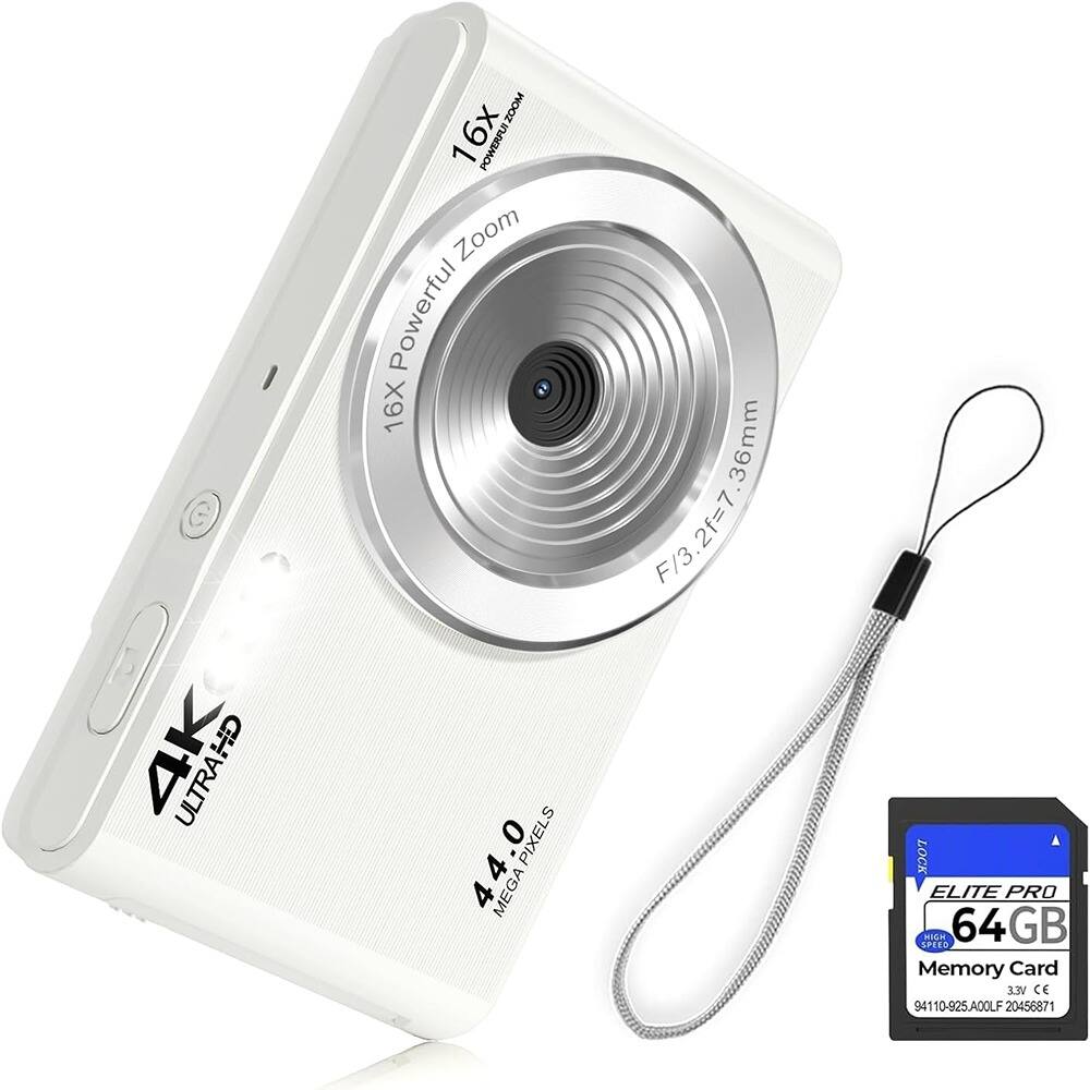 ACJPR - 44MP FHD 4K Digital Camera, 16X Zoom, 64GB Card, Compact for Kids (White)