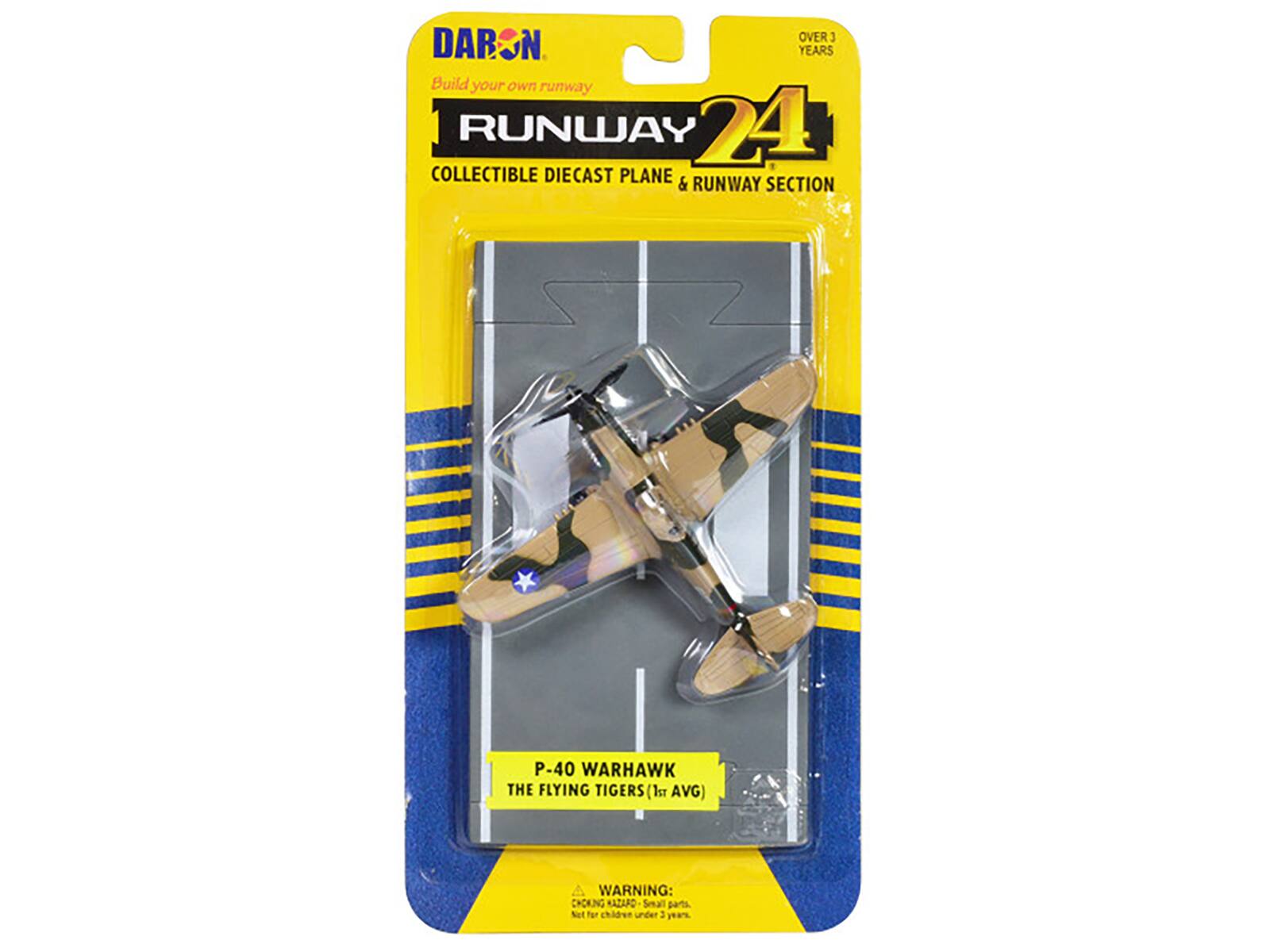 OVER 3 YEARS  
Build your own runway  
RUNWAY 24  
COLLECTIBLE DIECAST PLANE & RUNWAY SECTION  
P-40 WARHAWK THE FLYING TIGERS (1st AVG)  
WARNING: CHOKING HAZARD - Small parts. Not for children under 3