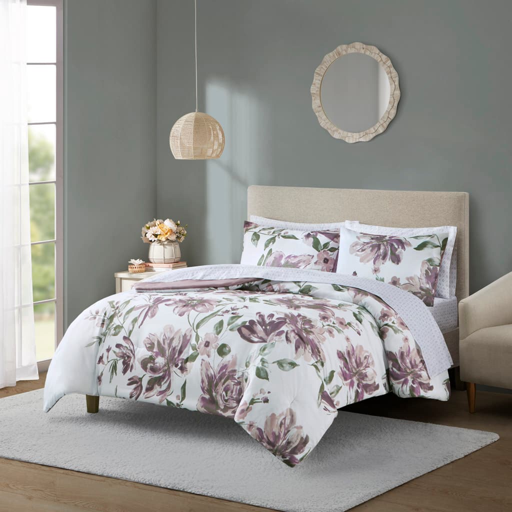TinyHomie - Twin Floral Comforter Set with Bed Sheets - Mauve