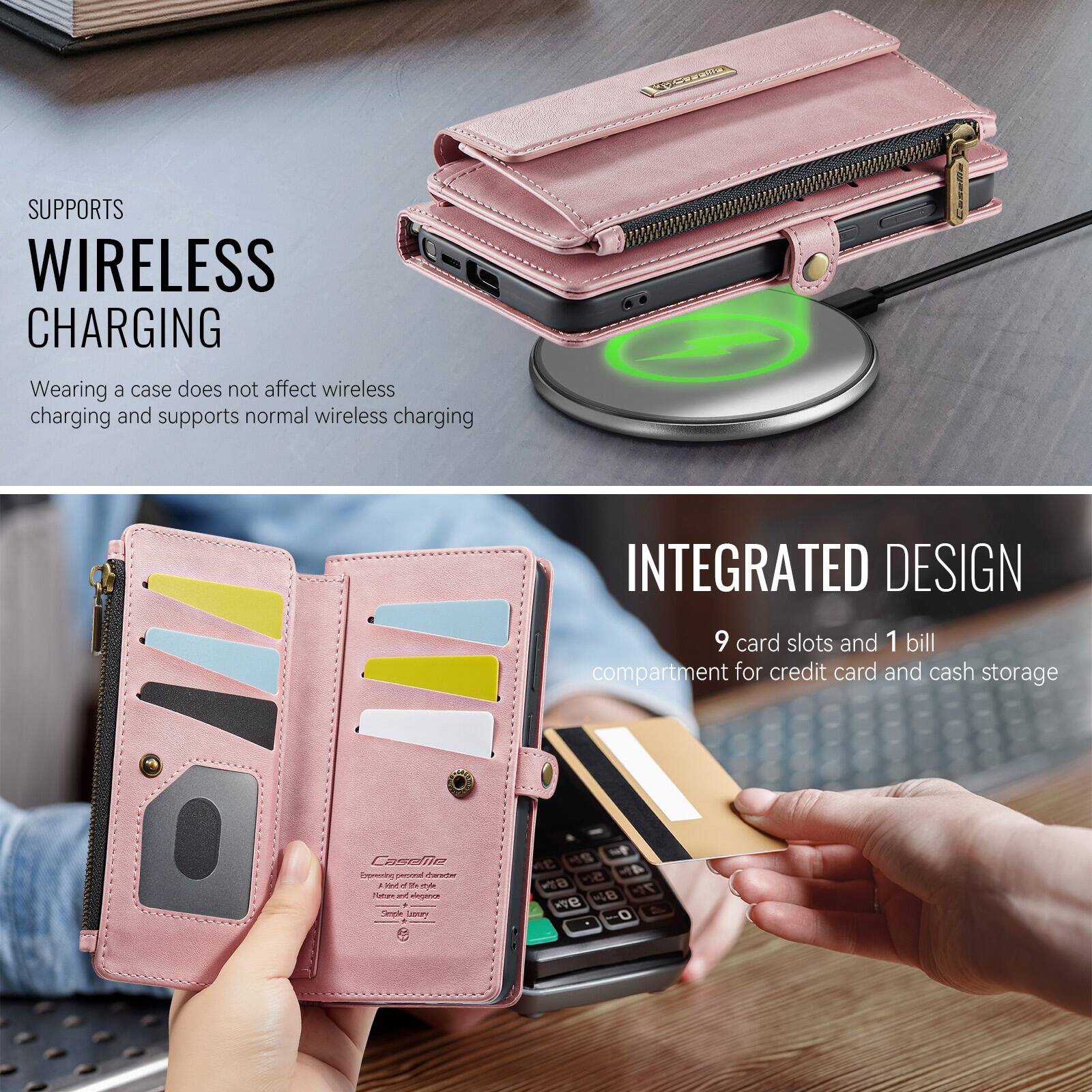 SUPPORTS WIRELESS CHARGING  
Wearing a case does not affect wireless charging and supports normal wireless charging  

INTEGRATED DESIGN  
9 card slots and 1 bill compartment for credit card and cash storage