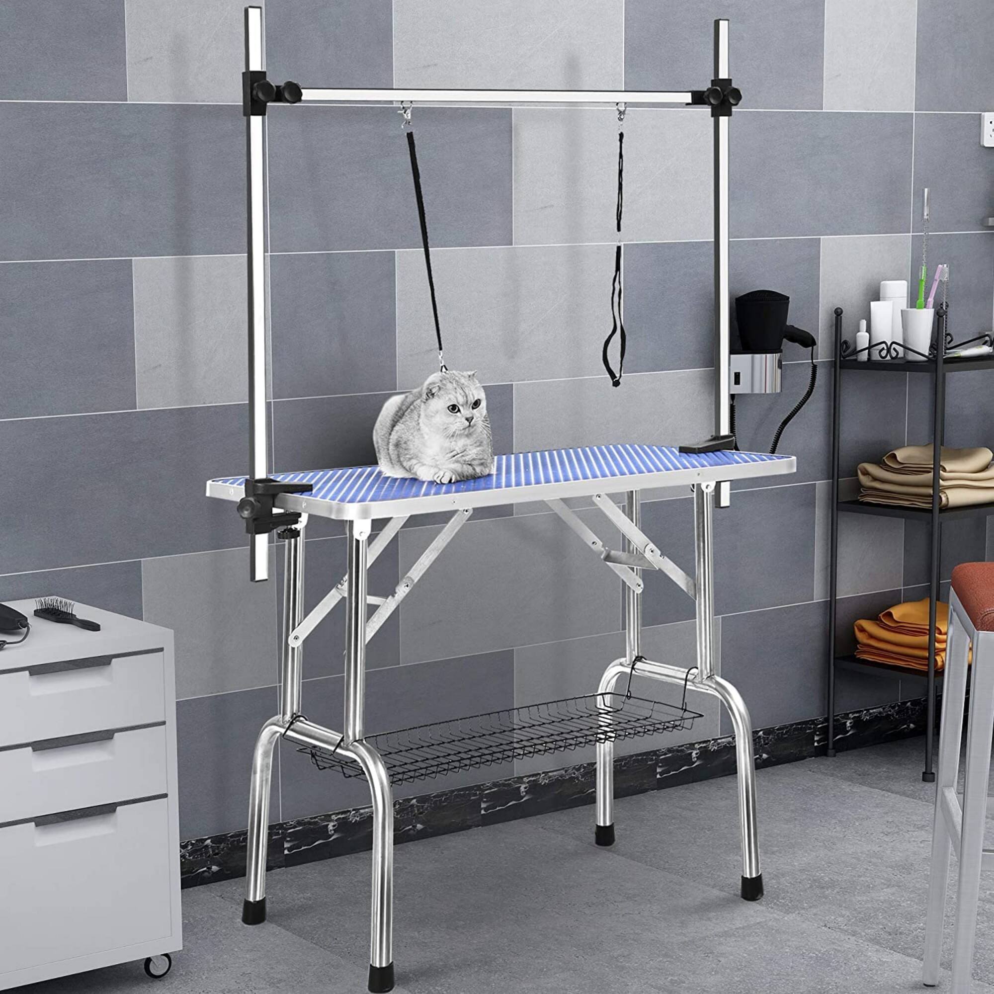 Alt View 10. Glintex - 36" Stainless steel Folding Pet Grooming Table，Dressing Table，Adjustable Arm and Storage Basket for Home and Pet Salon.