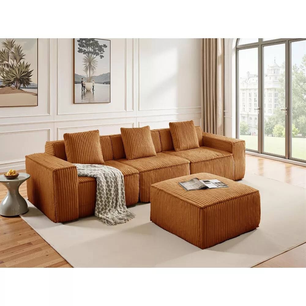 Alt View 2. Meqiodas - Boneless Couch for Living Room, Modular Sectional Sofa with Ottoman, Convertible L Shaped Couch, No Assembly Required - Orange.