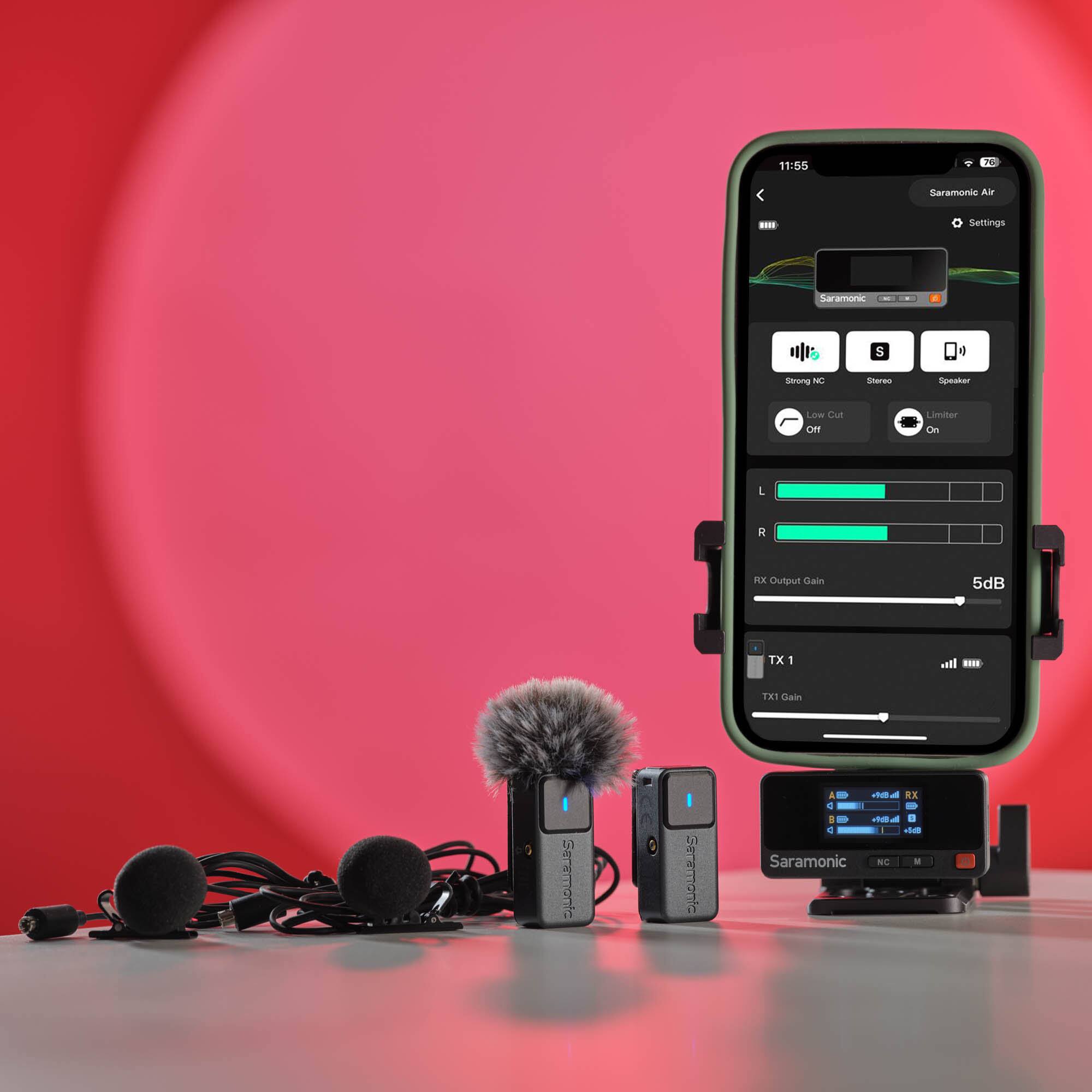 11:55 Saramonic Air Settings Saramonic - a 5 4 Strong NC Stereo Speaker Low Cut Off Limiter On L R SEE Dutput Gain 5dB TX 1 wal . TX1 Gain Saramonic DIUOTURAS - ca *X + - e  . 1 ca Saramonic NC .