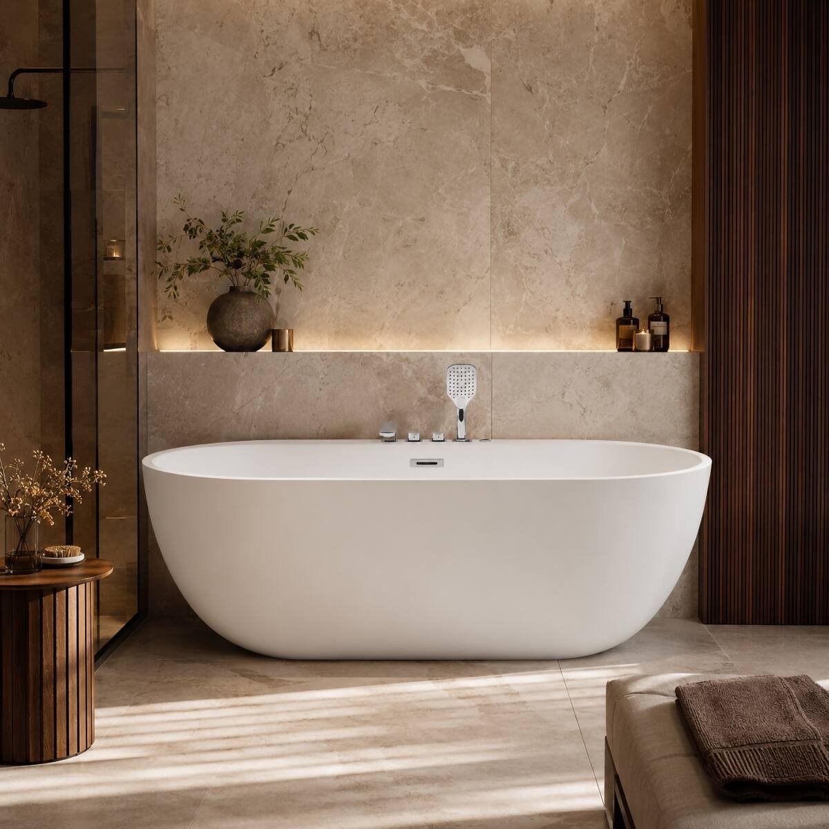 Front. Loheer - Loheer 67 Inch White Whirlpool Bathtub with LED Light and Swivel Faucet Freestanding Single Person Soaking Tub - Milk White.