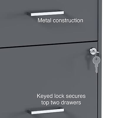 Metal construction  
Keyed lock secures top two drawers