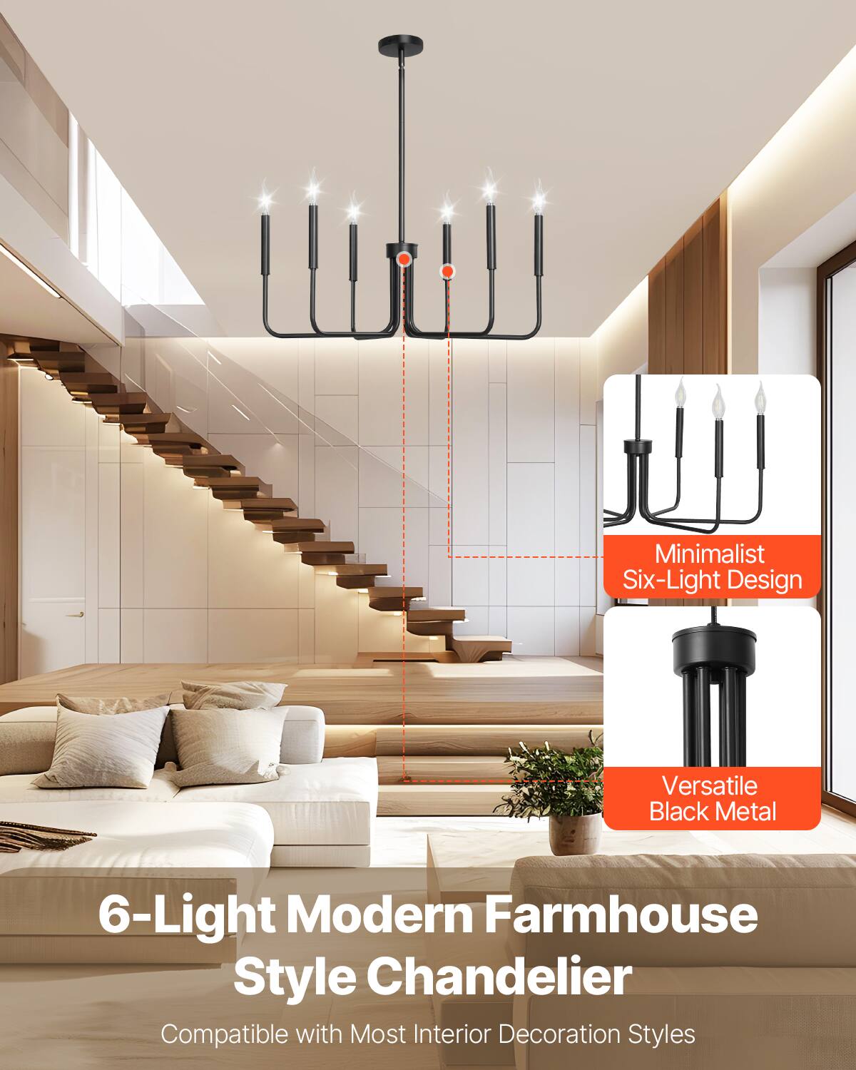 Minimalist Six-Light Design  
Versatile Black Metal  

6-Light Modern Farmhouse Style Chandelier  
Compatible with Most Interior Decoration Styles