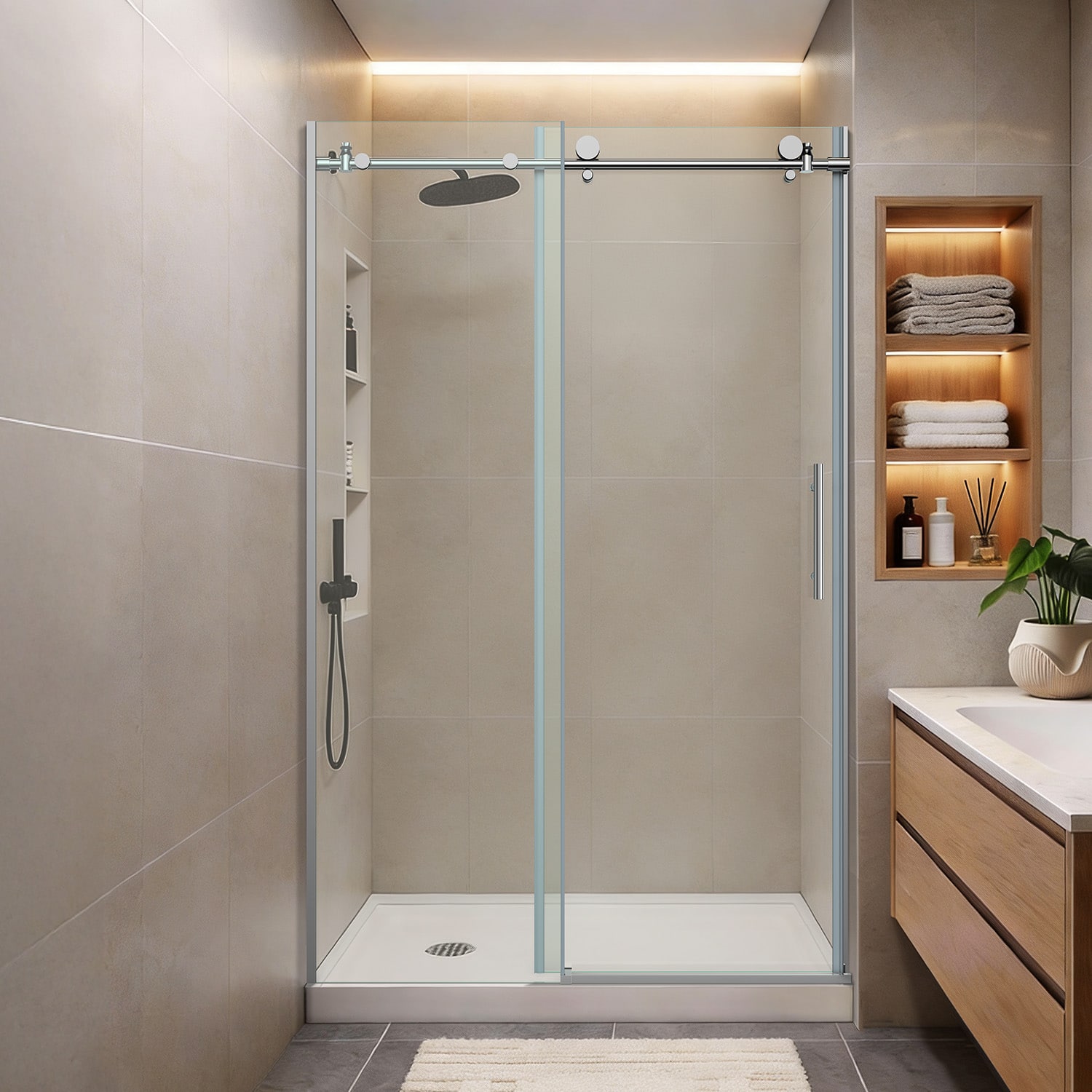 Koligey - 44-48" W x 76 "H Semi-Frameless Sliding Shower Door-10 mmTempered Glass,Stainless Steel Anti-Rust Hardware - sliver