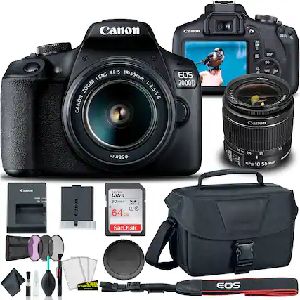 Canon EOS 2000D
EF-S 18-55mm ZOOM LENS 1:3.5-5.6
Canon 58mm I
SanDisk Ultra 80 MB/s 64 GB
Canon LCD SCREEN PROTECTOR
Canon CAMERA BAG
Canon CAMERA STRAP
Canon CAMERA CLEANING KIT
Canon CAMERA FILTERS