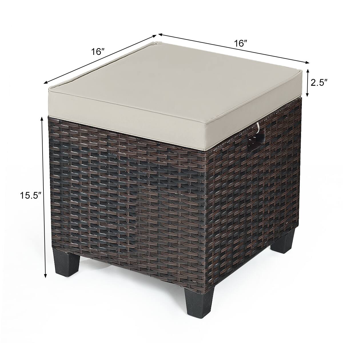 The text on the image reads "16" 16" 2.5" 15.5". This indicates the dimensions of the wicker box, which is 16 inches in length and width, and 2.5 inches in height.