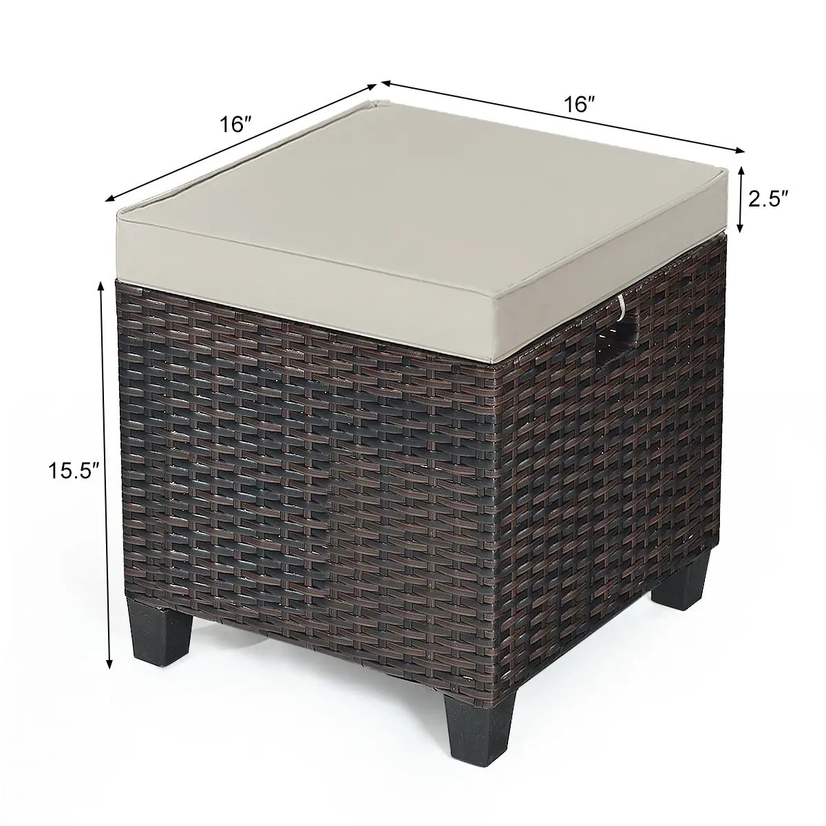 The text on the image reads "16" 16" 2.5" 15.5". This indicates the dimensions of the wicker box, which is 16 inches in length and width, and 2.5 inches in height.