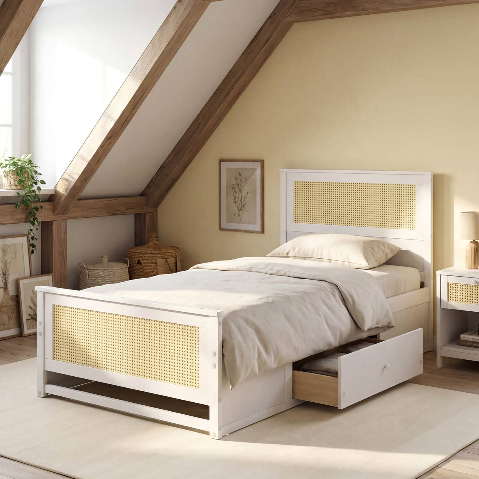 Alt View 4. Costway - Costway Twin Size Rattan Bed Frame with Headboard, 2 Storage Drawers & Space - White.