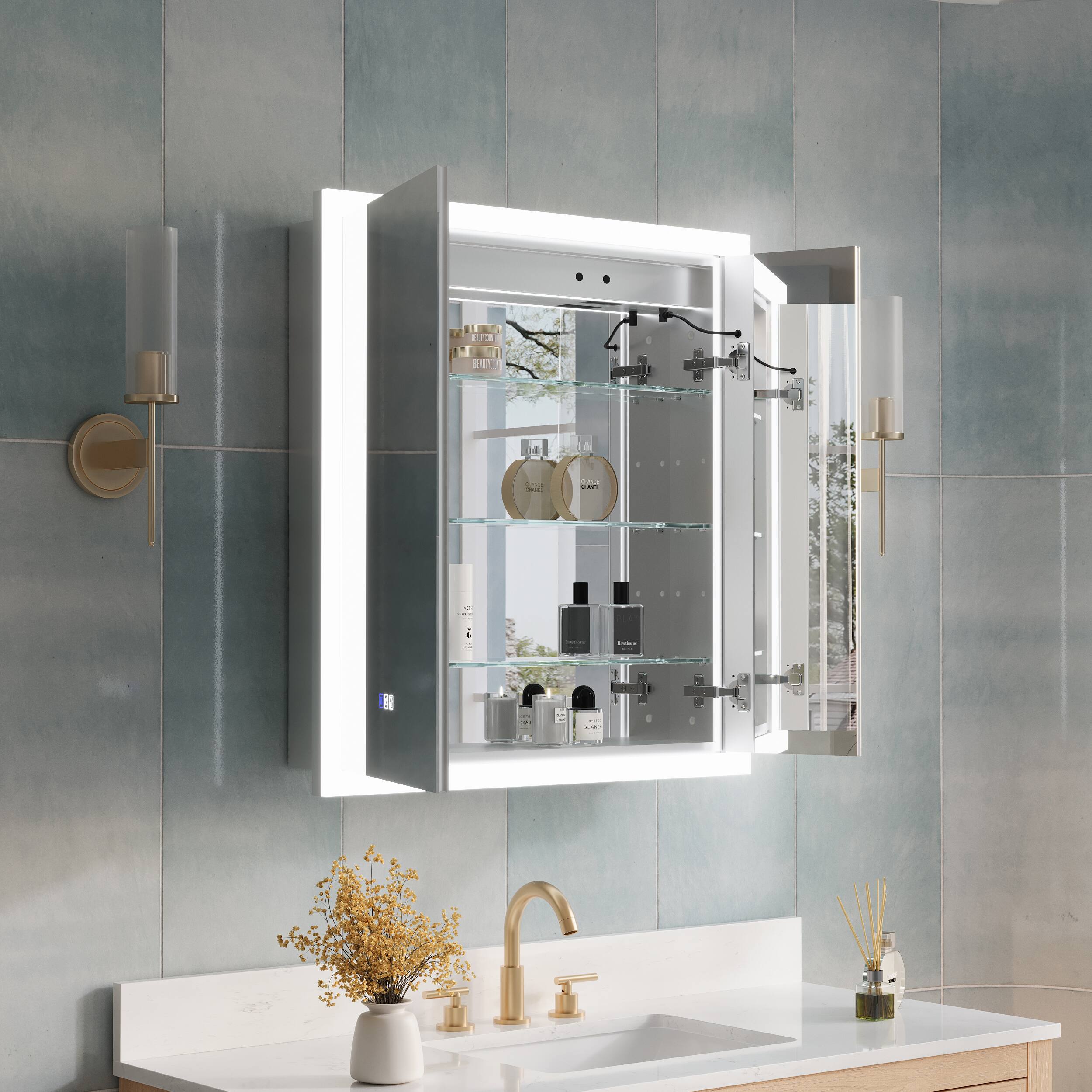 Left. WELLFOR - 30 in. W x 32 in. H Rectangular Surface or Recessed Mount Aluminum Medicine Cabinet with Mirror - Silver.