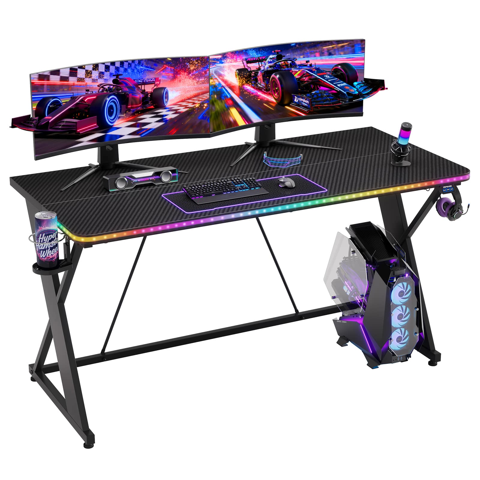 RSPGAME - Gaming Desk with LED Lights, X-Shaped Frame Computer Desk with Hook Cup Holder & Side Bag, Desk Gamer for Home Office - 55'' Black