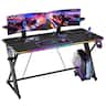 RSPGAME - Gaming Desk with LED Lights, X-Shaped Frame Computer Desk with Hook Cup Holder & Side Bag, Desk Gamer for Home Office - 55'' Black