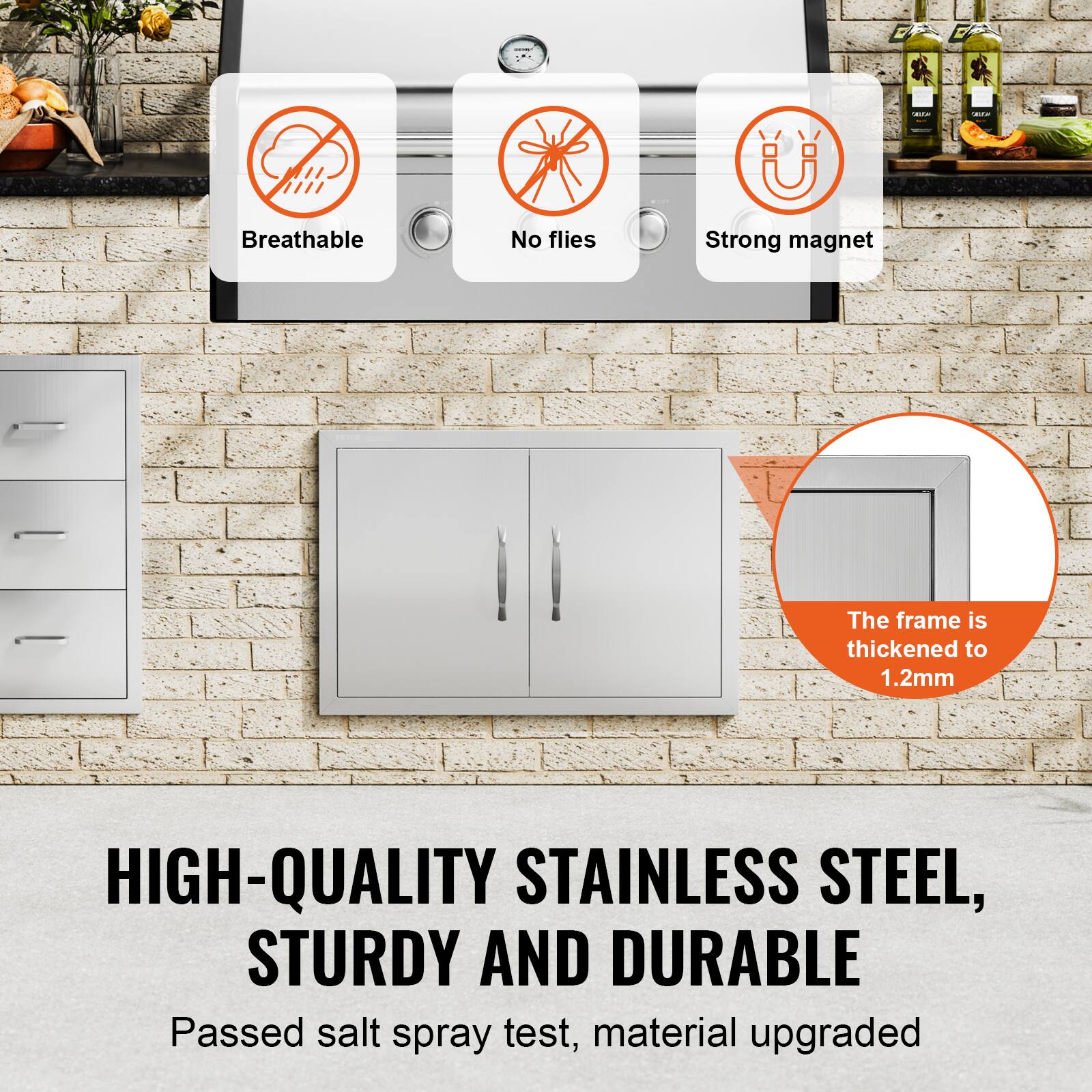 Breathable  
No flies  
Strong magnet  

The frame is thickened to 1.2mm  

HIGH-QUALITY STAINLESS STEEL, STURDY AND DURABLE  
Passed salt spray test, material upgraded