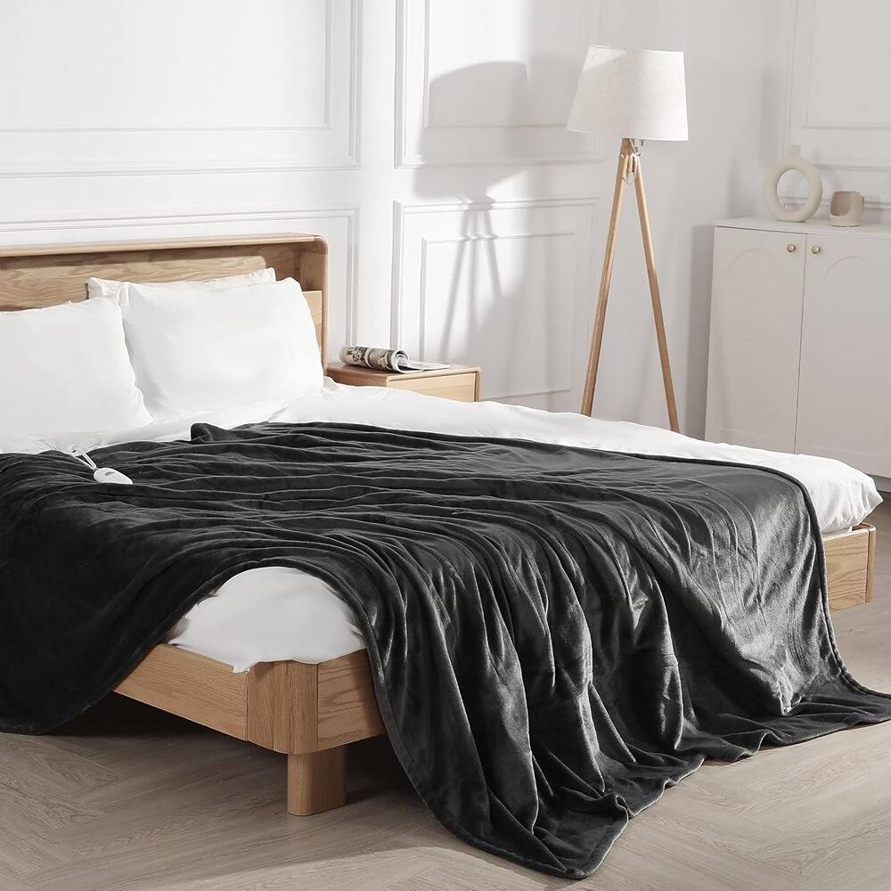 Alt View 1. MOSZAR LLC - Electric Heated Blanket Queen – Soft Plush Flannel, Dual Controls, Charcoal Grey - Charcoal Grey.