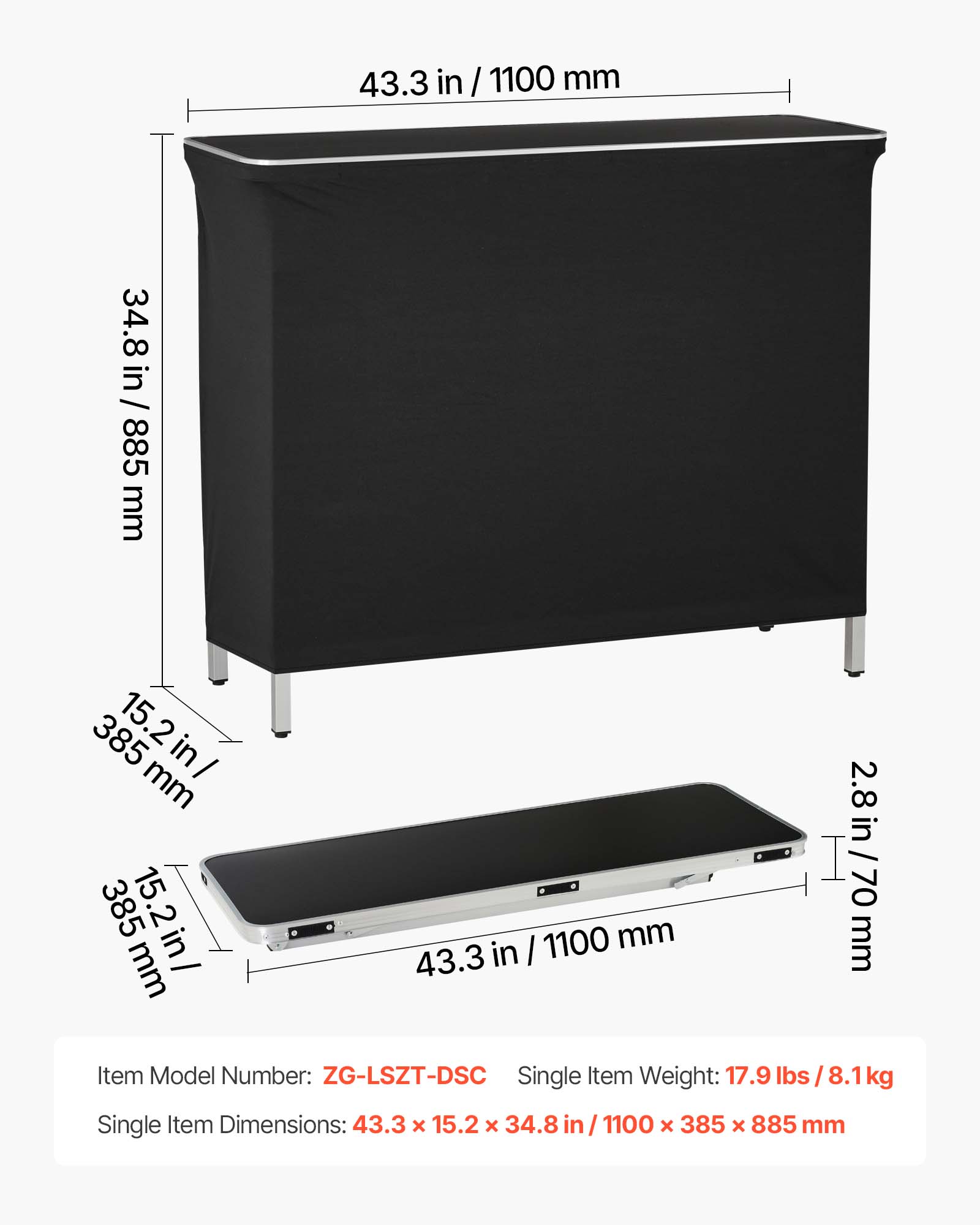43.3 in / 1100 mm  
34.8 in / 885 mm  
15.2 in / 385 mm  
2.8 in / 70 mm  

Item Model Number: ZG-LSZT-DSC  
Single Item Weight: 17.9 lbs / 8.1 kg  
Single Item Dimensions: 43.3 x 15.2 x 34.8 in / 1100 x 385 x 885 mm