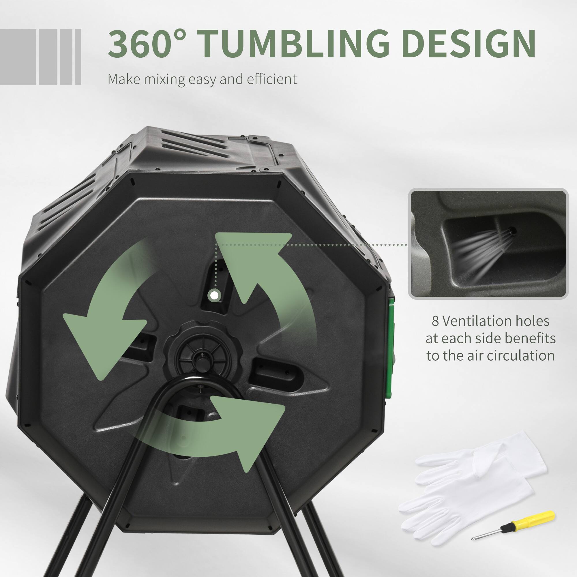 360° TUMBLING DESIGN  
Make mixing easy and efficient  

8 Ventilation holes at each side benefits to the air circulation