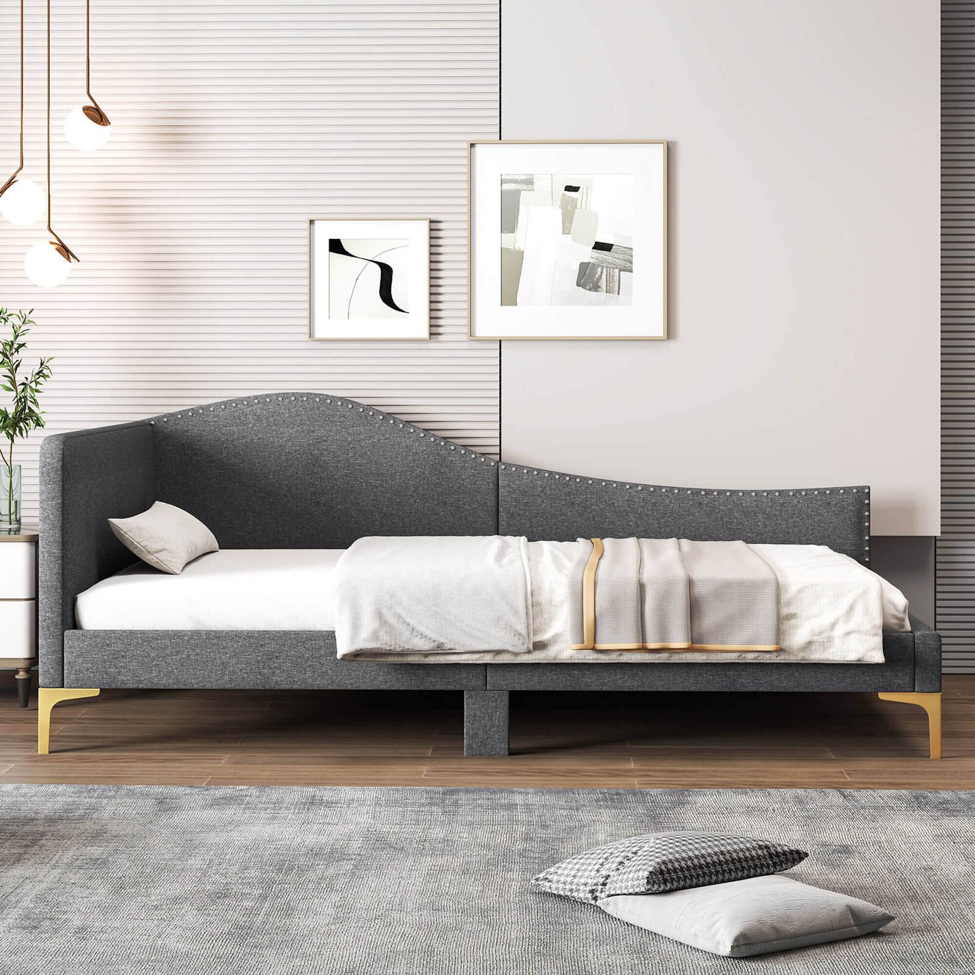 Alt View 1. Costway - Twin Size Upholstered Daybed Rivet-Tufted Platform Bed with Metal Legs - Gray.