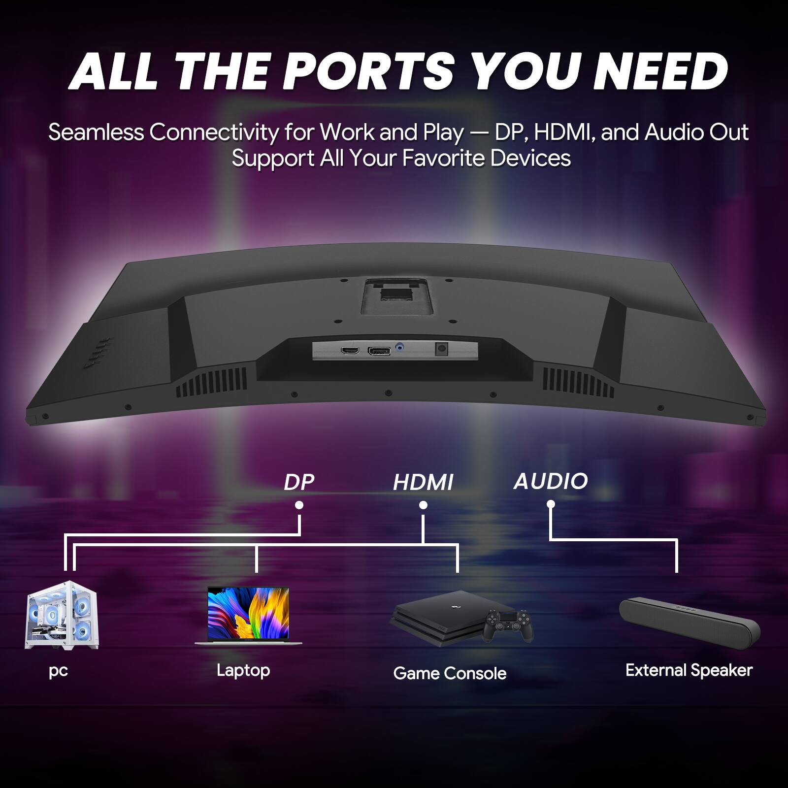 ALL THE PORTS YOU NEED

Seamless Connectivity for Work and Play — DP, HDMI, and Audio Out Support All Your Favorite Devices

DP
HDMI
AUDIO

pc
Laptop
Game Console
External Speaker