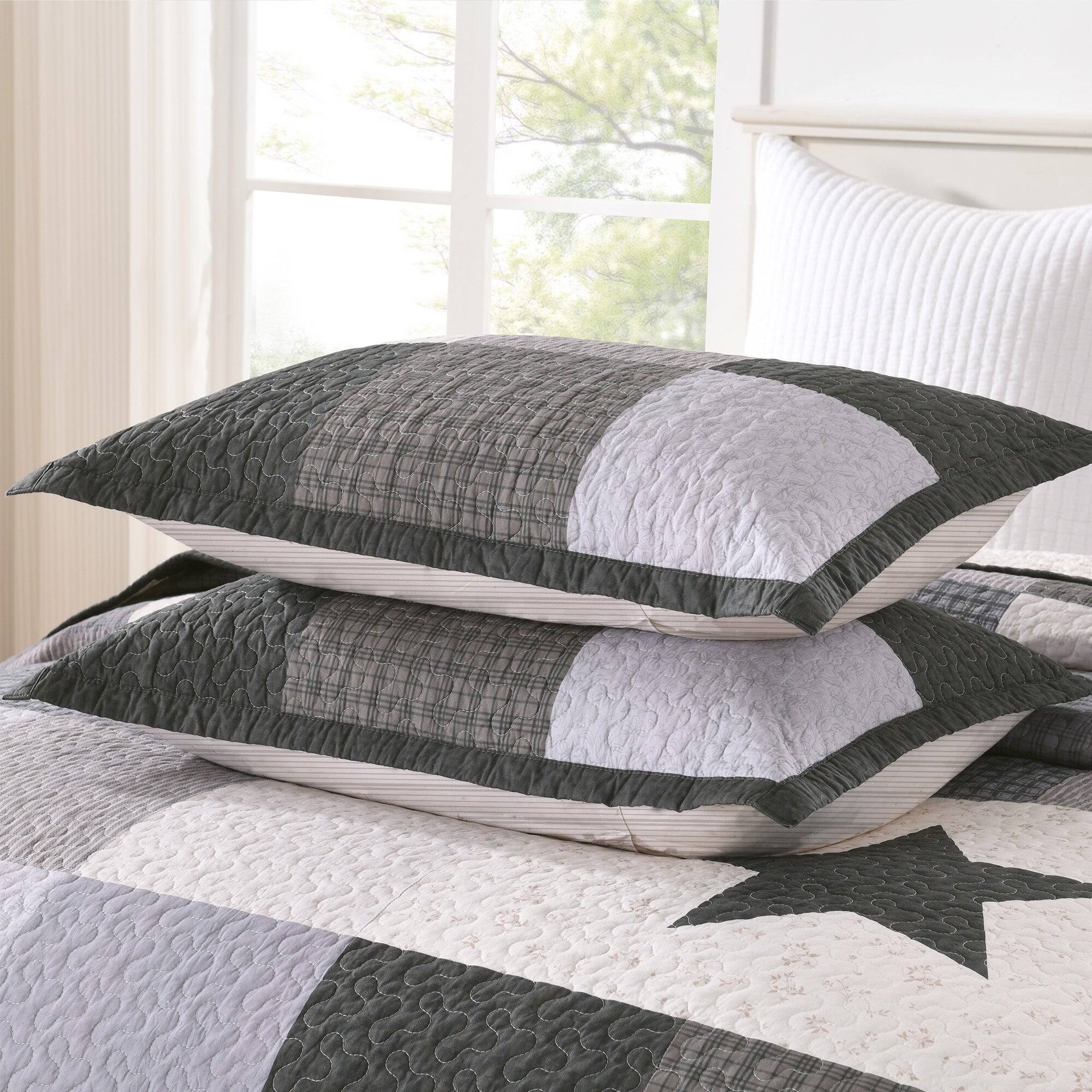 Alt View 1. MarCielo - MarCielo 3 Pcs 100% Cotton Modern Star Pattern Checkered Quilt Bedspread Set - Gray.
