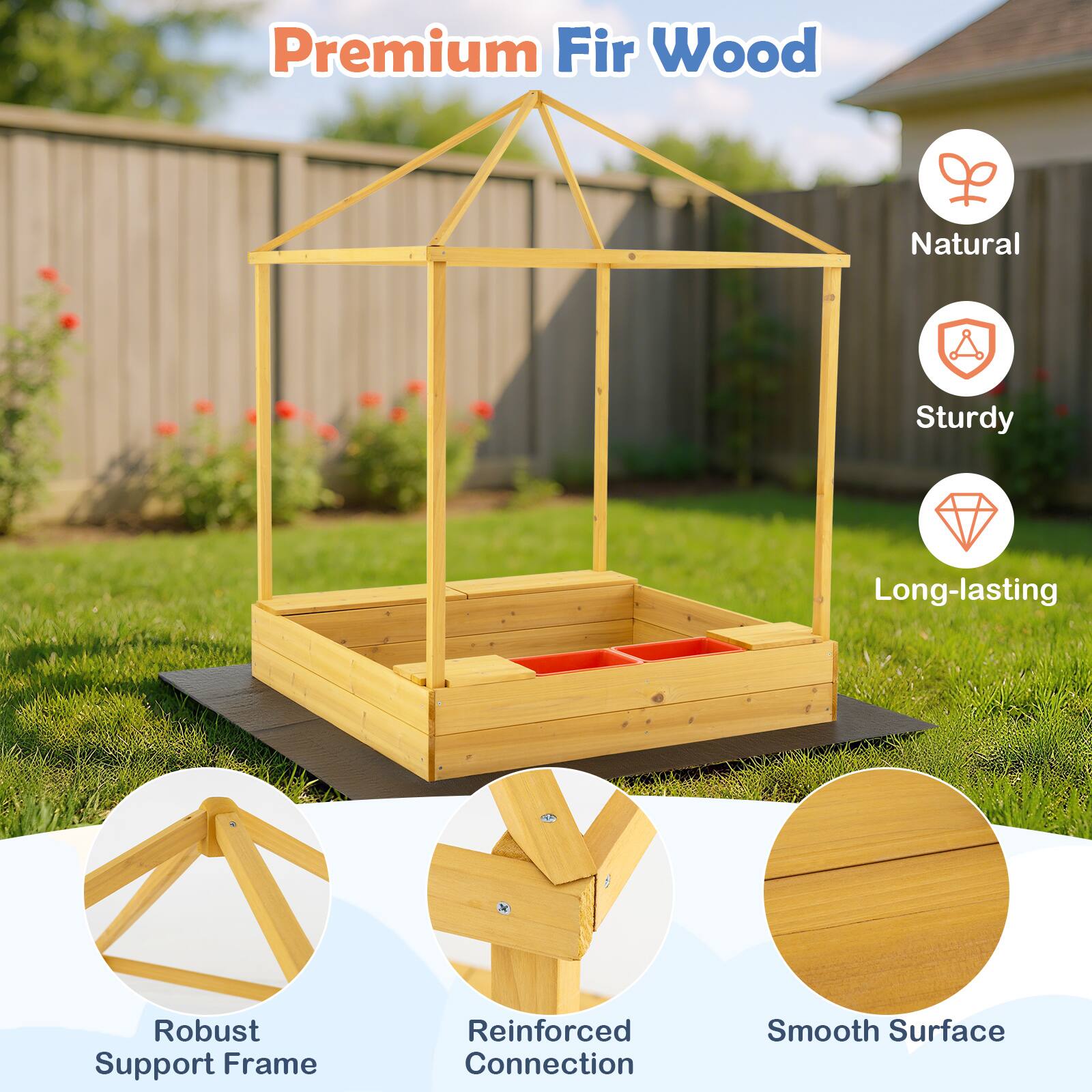 Gymax Kids Wooden Sandbox w/ Canopy Sand Pit w/ Windows & Curtains