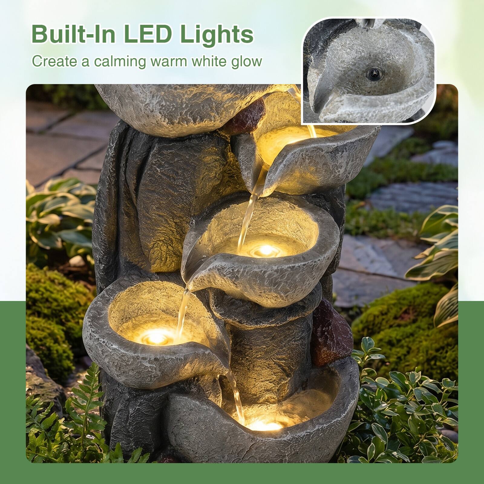 Built-In LED Lights  
Create a calming warm white glow