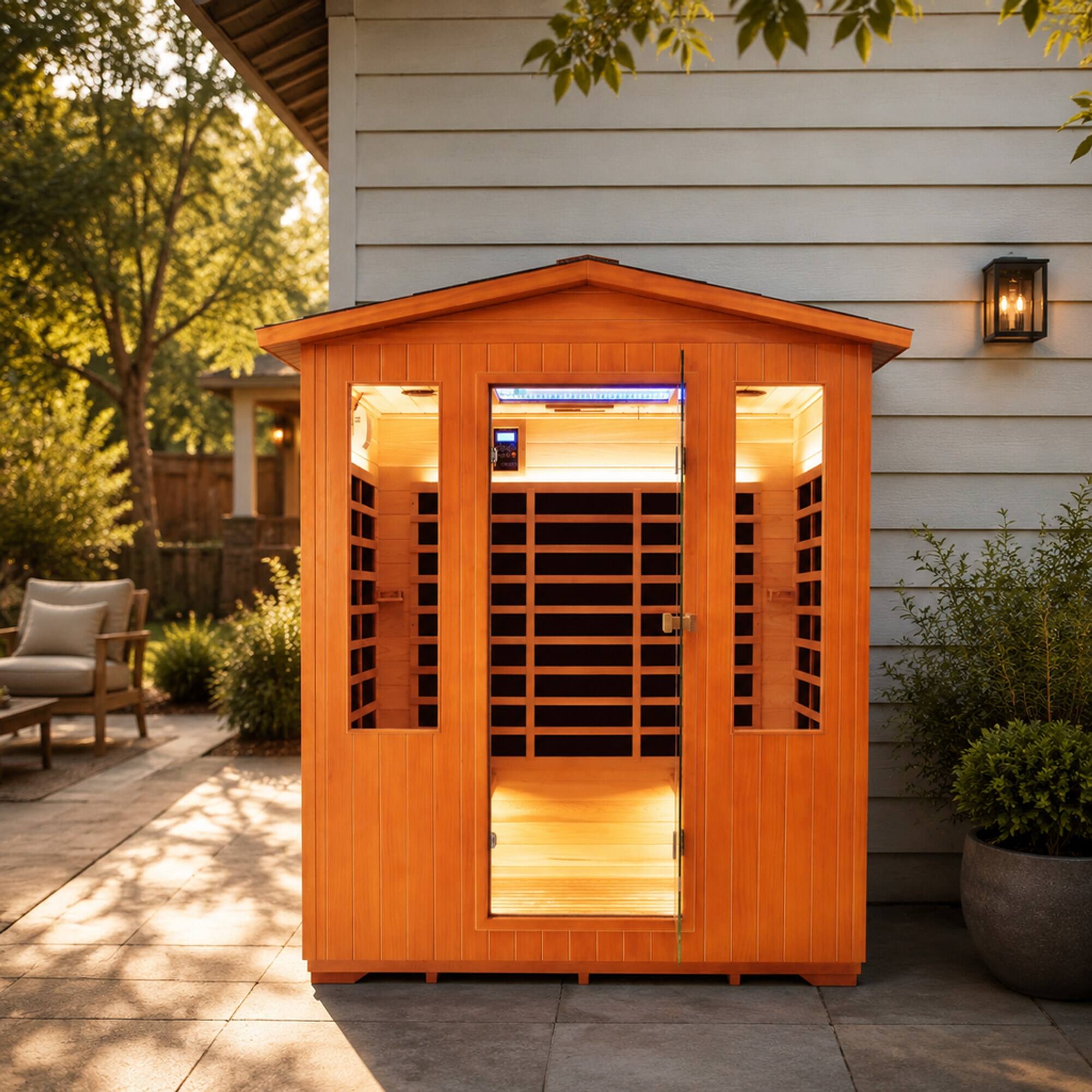 Left. RYHNUYNE - 4 Person Outdoor Sauna Room, 158 x 119 x 208 cm, Fir and Red Cedar, 2600W 11 Heating Plates, 65 Celsius - Ameican White Oak.
