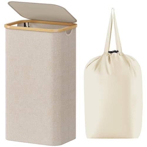 Front. Vulpecula Spade - 100L Laundry Basket with Lid, Clothes Hampers for Laundry with Bamboo Handles and A Removable Bag, Large Foldable - ‎Beige.