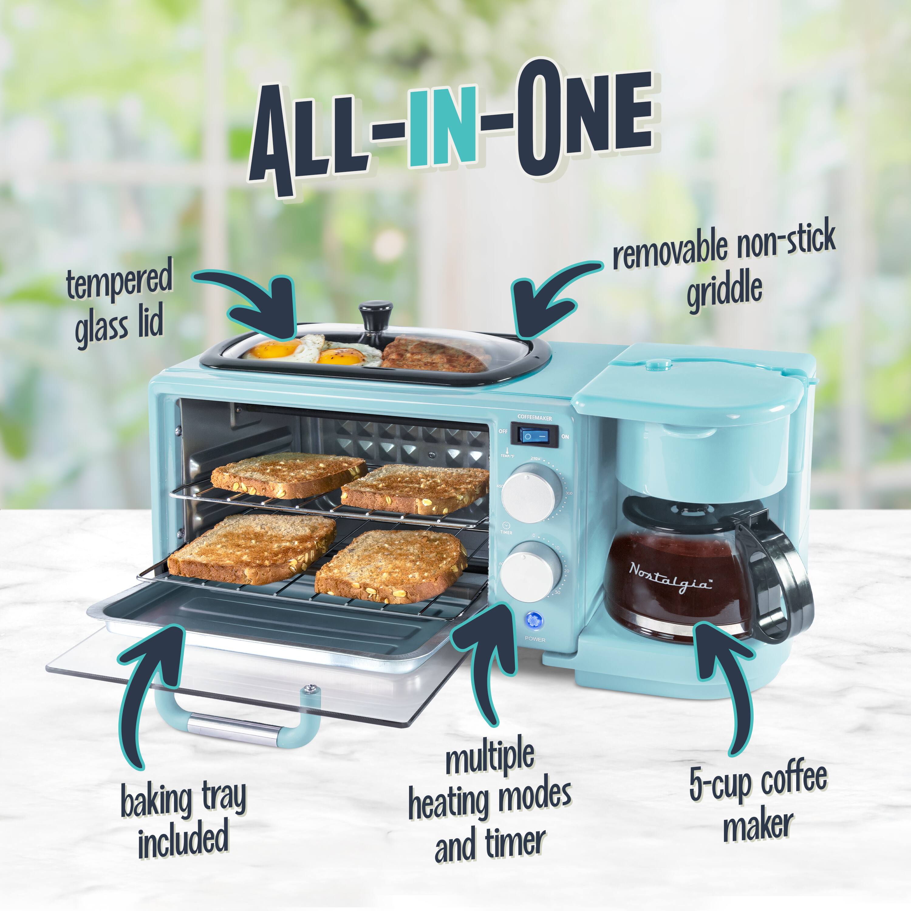 ALL-IN-ONE removable non-stick tempered griddle glass lid  
Nostalgia baking tray included  
multiple heating modes and timer  
5-cup coffee maker