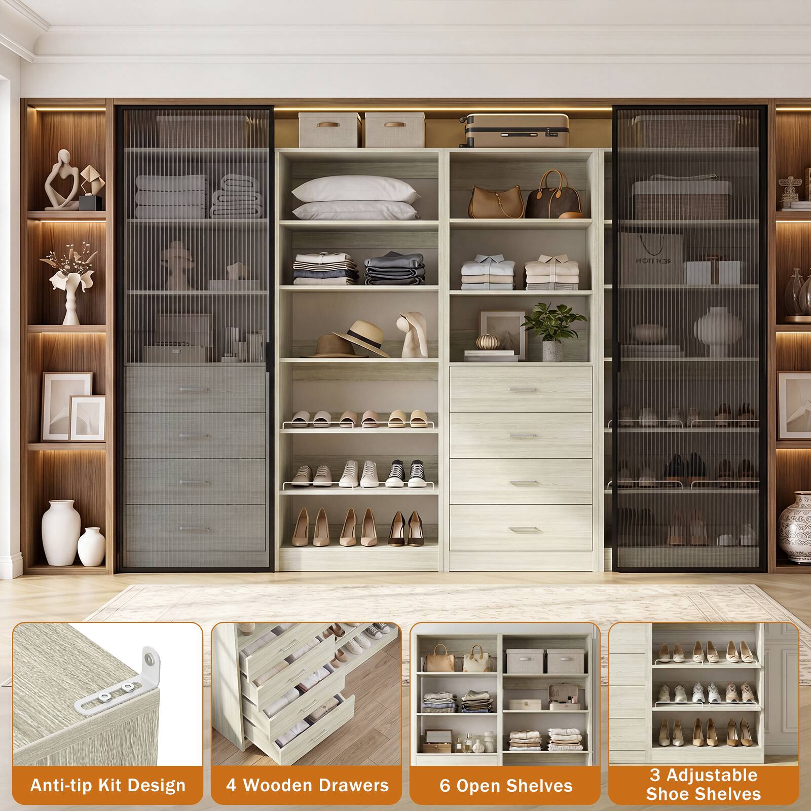 POTE KN Anti-tip Kit Design  
4 Wooden Drawers  
6 Open Shelves  
3 Adjustable Shoe Shelves