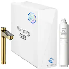Waterdrop - X12-WAJ Alkaline Mineral Reverse Osmosis Water Filter, Gold Faucet, EXTRA F2 Filter