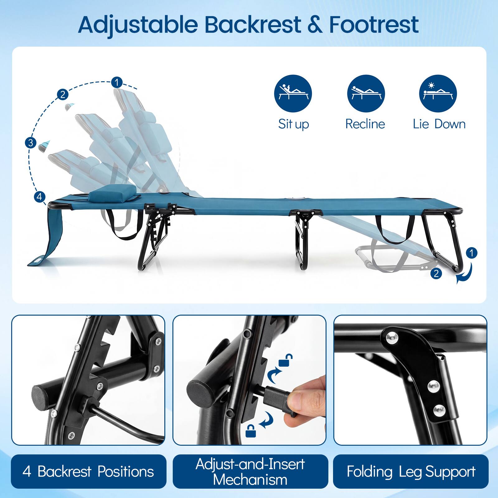 Adjustable Backrest & Footrest

- Sit up
- Recline
- Lie Down

4 Backrest Positions

Adjust-and-Insert Mechanism

Folding Leg Support